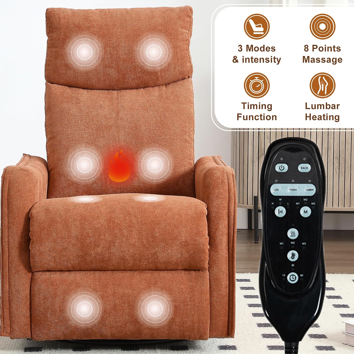 cinkehome Swivel Rocker Recliner Chair with Heated Massage, Rocking Reclining Chairs for Nursery, Small Spaces, High Back, Side Pocket