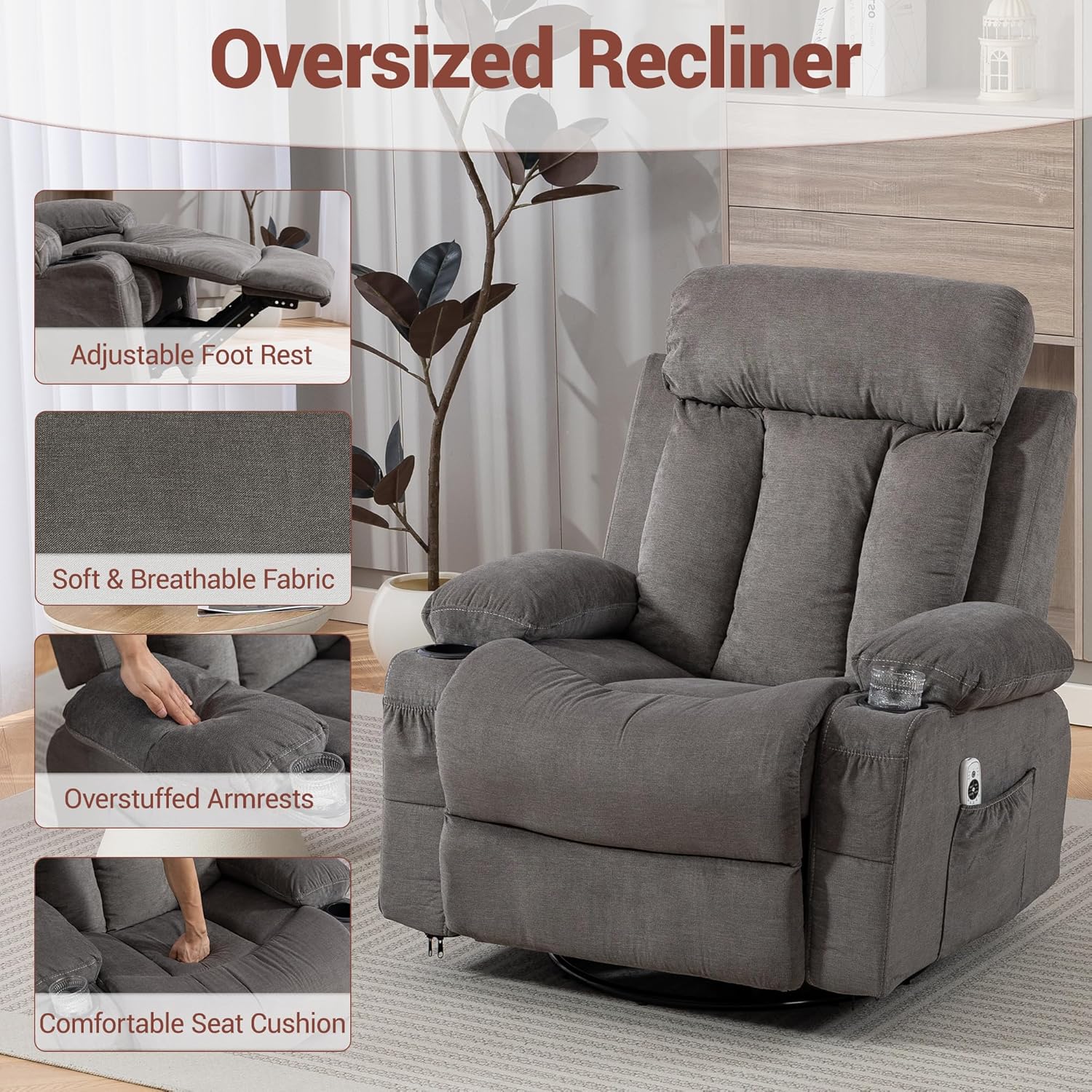 Swivel Recliner Chair for Adults w/Vibration Massage and Heating, 360° Rocker Glider Recliner w/Cup Holder and USB Charge Port for Living Room, Bedroom, Grey