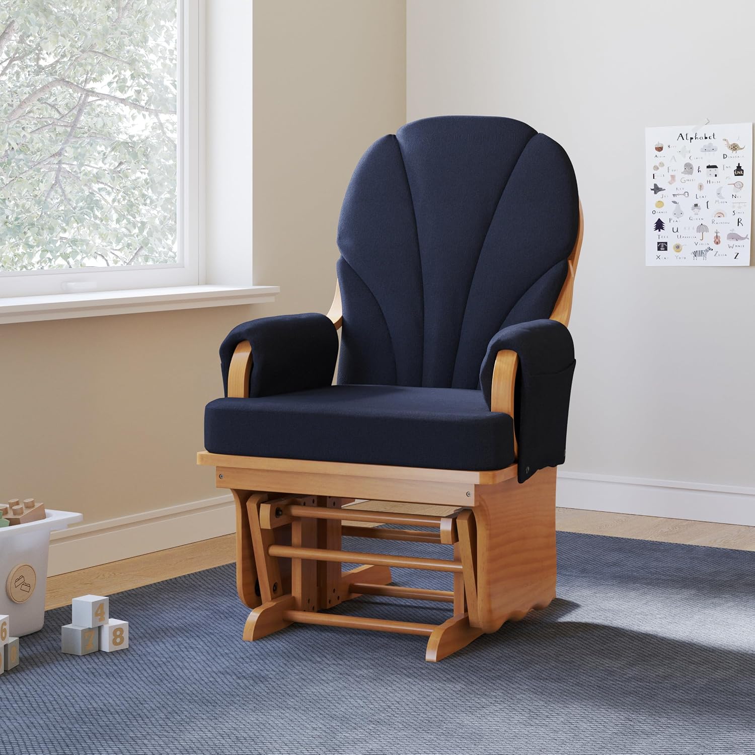 Foundations Lullaby Wood Base Glider Rocker - Baby Feeding and Rocking Chair for Nursery, Daycare Environment - Nursery Rocking Chairs with Padded Foam Arm Rests - (Natural/Blue)
