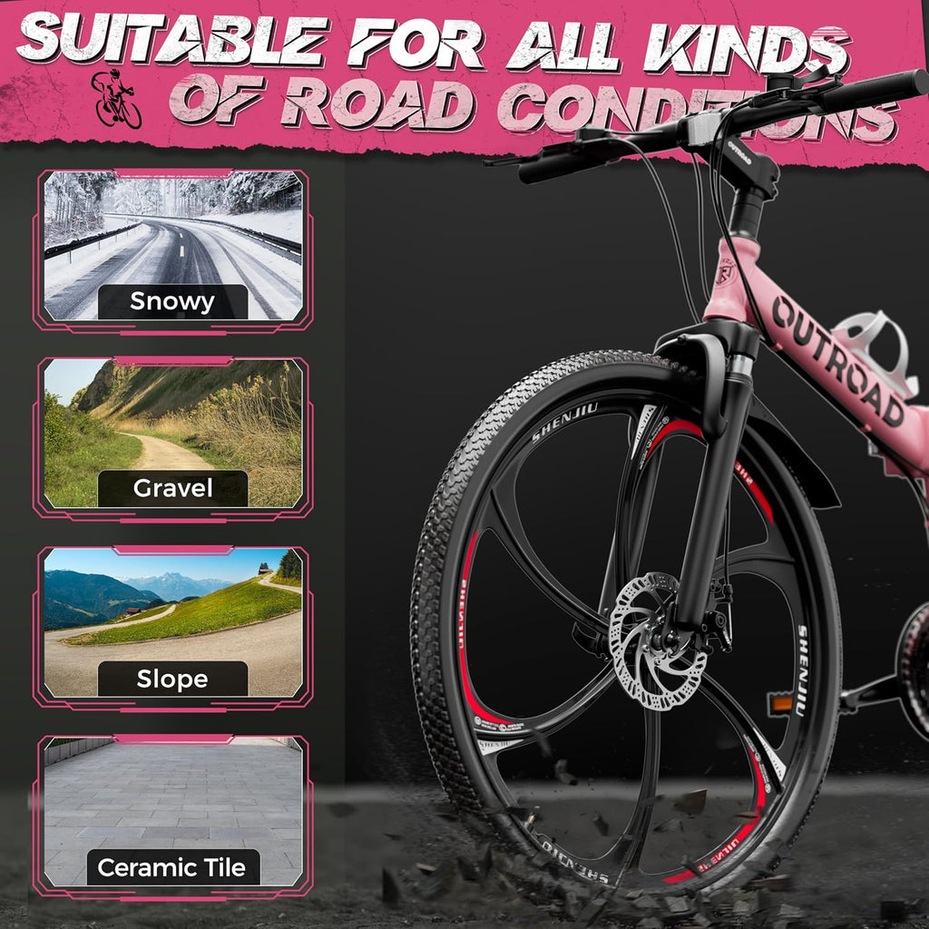 26 Inch Adult Folding Bikes/Mountain Bikes, 21 Speeds Mountain Bicycles with Full Suspension, Dual Disc Brake, High Carbon Steel Frame, Foldable Bike for Men/Women/Teen, Multiple Colors