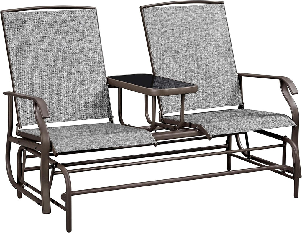 Yaheetech 2-Seat Outdoor Glider with Center Table, Patio Rocking Loveseat with Breathable Mesh Sturdy Metal Frame for Garden Pool Lawn, Gray