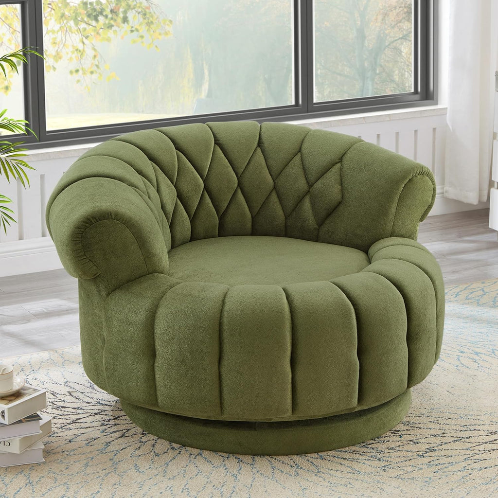 360° Swivel Accent Chair, Chenille Fabric Barrel Swivel Chair Round Club Chair with Curved Armrests & Thick Cushioning, Stylish Channel-Tufted & Diamond-Quilted Backrest for Living Room (Green,02)