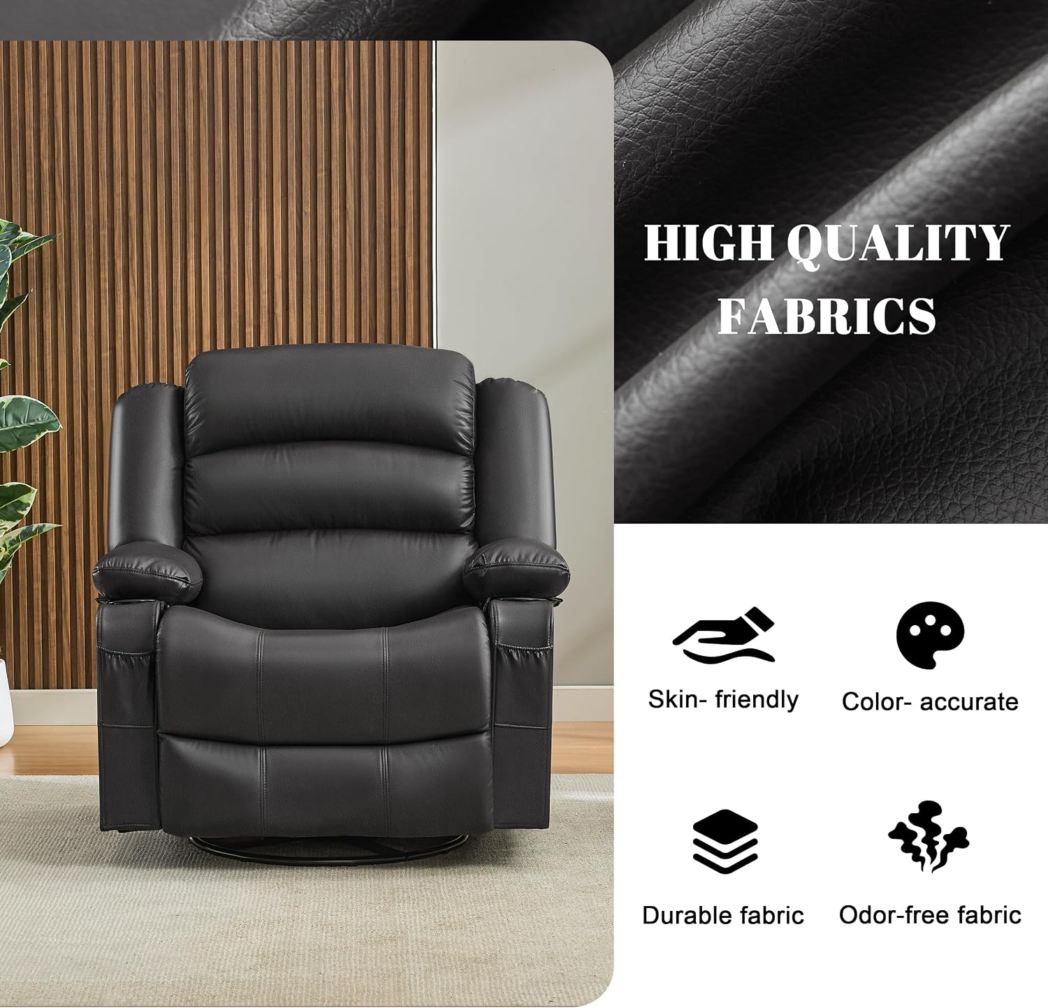 Oversized Nursery Rocking Chairs with Heat and Massage, 360° Swivel Recliner Chair for Adults, Recliner Single Sofa Seat with Cup Holders, Lazy Boy Recliner Single Sofa (Oversized Manual, Black)