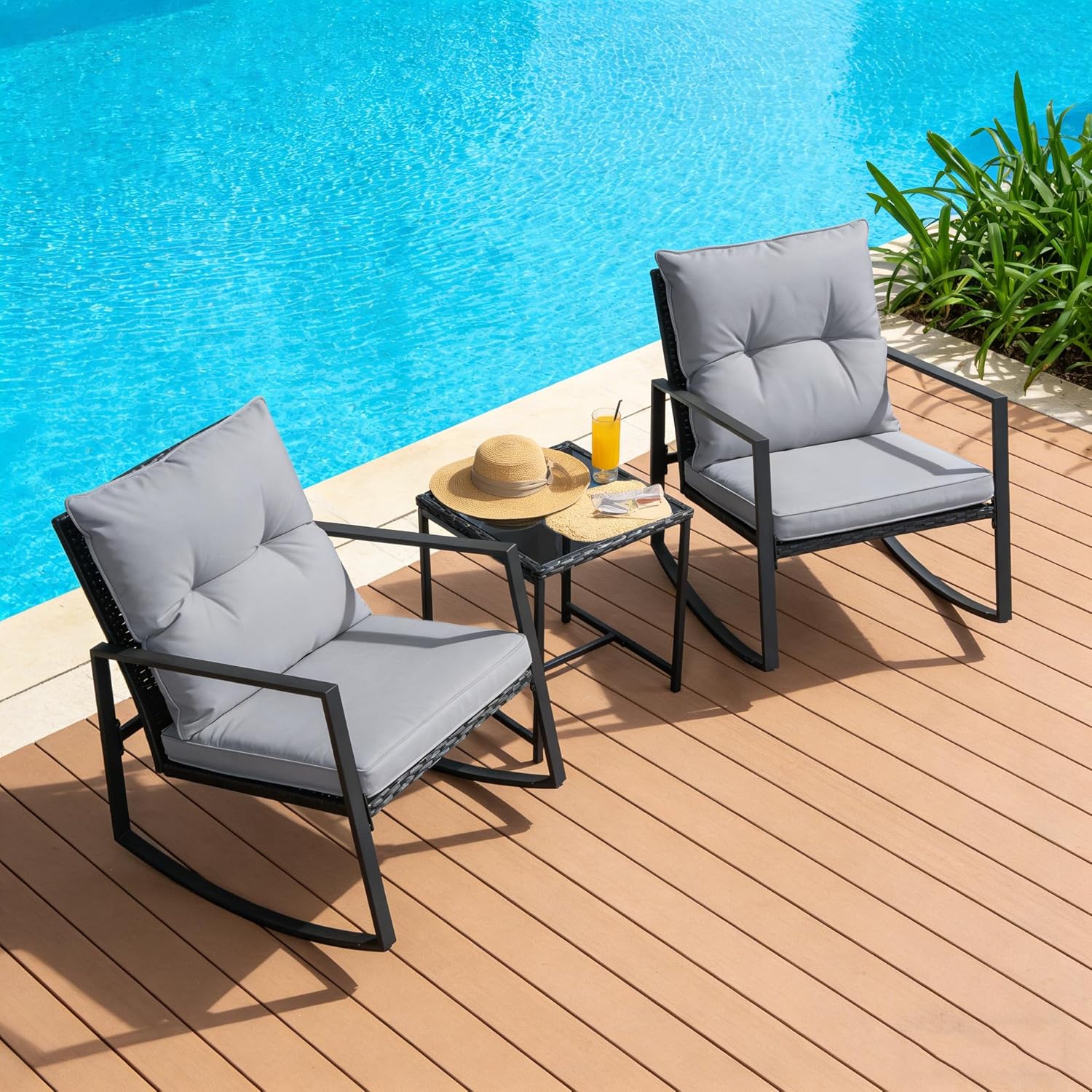 SUNCROWN 3 Piece Outdoor Rocking Bistro Set Black Wicker Furniture Porch Chairs Conversation Sets with Glass Coffee Table, Dark Grey