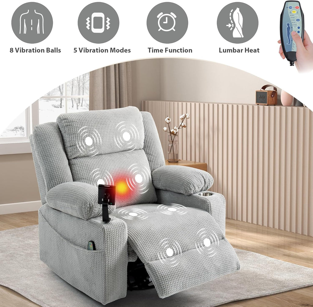 SINCRUMI Power Oversized Swivel Rocker Recliner with Dual Motor Adjustable Headrest for Adults, Glider Rocking Chair with Vibration and Heat, USB A&C Ports, Armrest Storage, Cup Holder, Light Grey