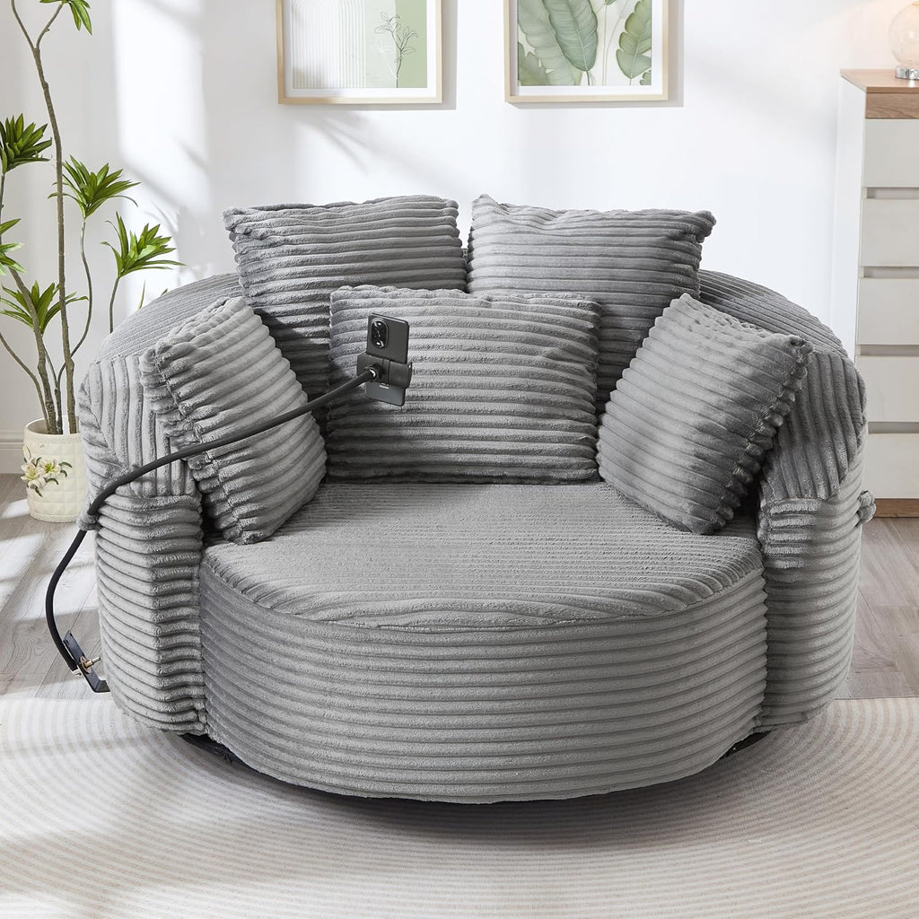 JIVOIT 360° Swivel Accent Chair with 5 Throw Pillows, Adjustable Phone Holder, Corduroy Fabric Round Sofa Chair Barrel Chair with Semi-Wraparound Design for Living Room, Office and Hotel (Gray,1)