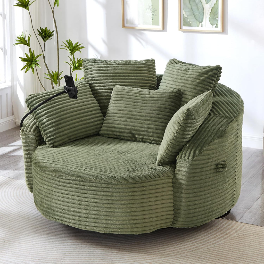 JIVOIT 360° Swivel Accent Chair with 5 Throw Pillows, Adjustable Phone Holder, Corduroy Fabric Round Sofa Chair Barrel Chair with Semi-Wraparound Design for Living Room, Office and Hotel (Green,1)