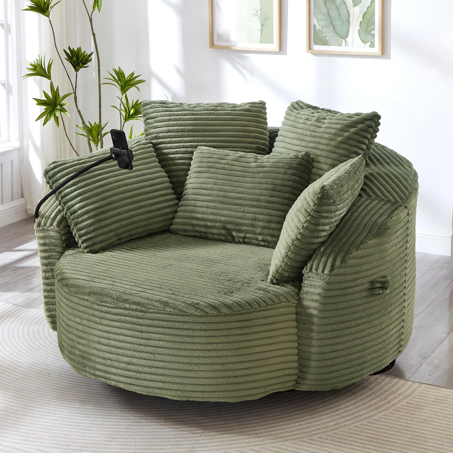 JIVOIT 360° Swivel Accent Chair with 5 Throw Pillows, Adjustable Phone Holder, Corduroy Fabric Round Sofa Chair Barrel Chair with Semi-Wraparound Design for Living Room, Office and Hotel (Green,1)
