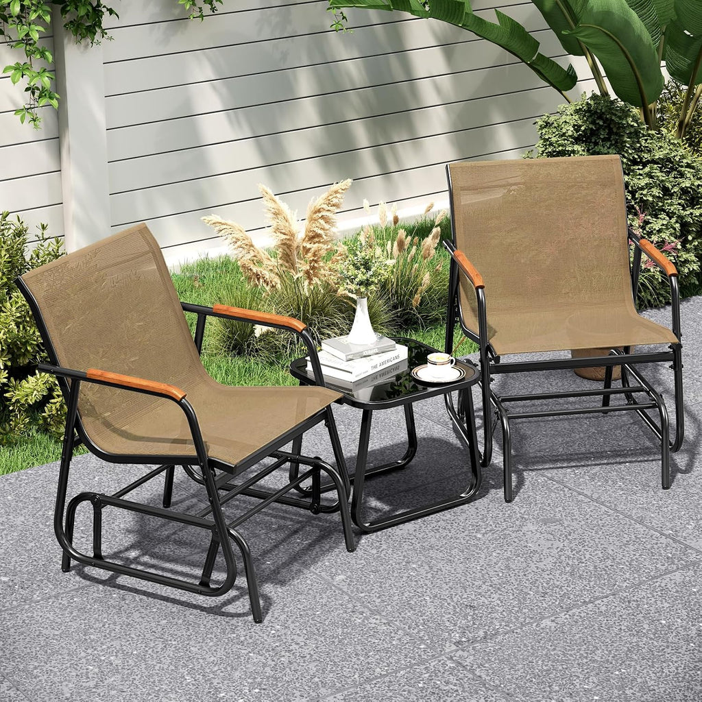 Giantex 3-Piece Outdoor Glider Set, 2-Pack Rocking Chairs with Small Tempered Glass Coffee Table, Metal Frame, Porch Rocker, Patio Bistro Set for Outside, Garden, Backyard, Balcony, Brown