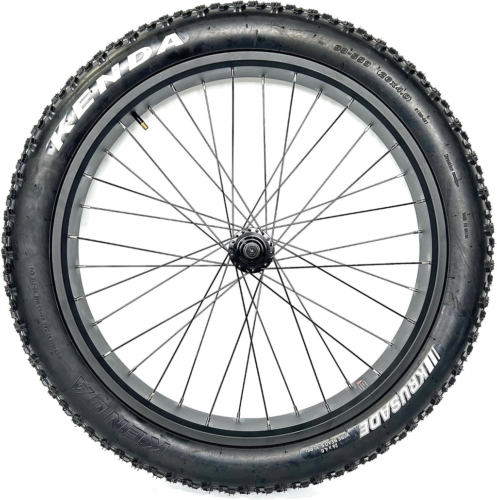Electric Fat Bike Front Wheel 26''x4.0 with Tire Bearing Hub 12GA Spokes Black Alloy Aluminum Snow Bicycle fatbike Rim Wheel 26 Bolt On