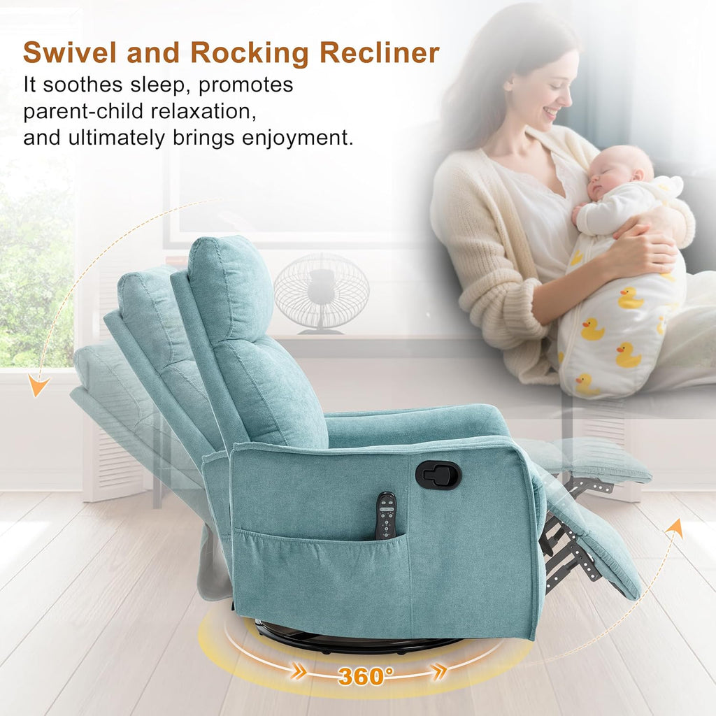 Manual 360° Swivel Rocker Recliner Chair for Adults, Overstuffed Glider Chair for Nursery with Vibration Massage & Heat, Comfy Soft Fabric Recliner Chair with Side Pockets for Living Room, Blue Green