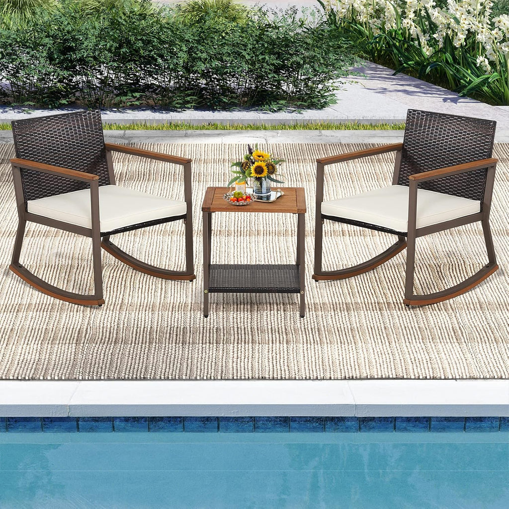 Tangkula 3 Pieces Rocking Bistro Set, Outdoor Rocker Chair with Coffee Table & Cushions, Patio Rattan Furniture Conversation Set for Balcony Porch Poolside (Off White)