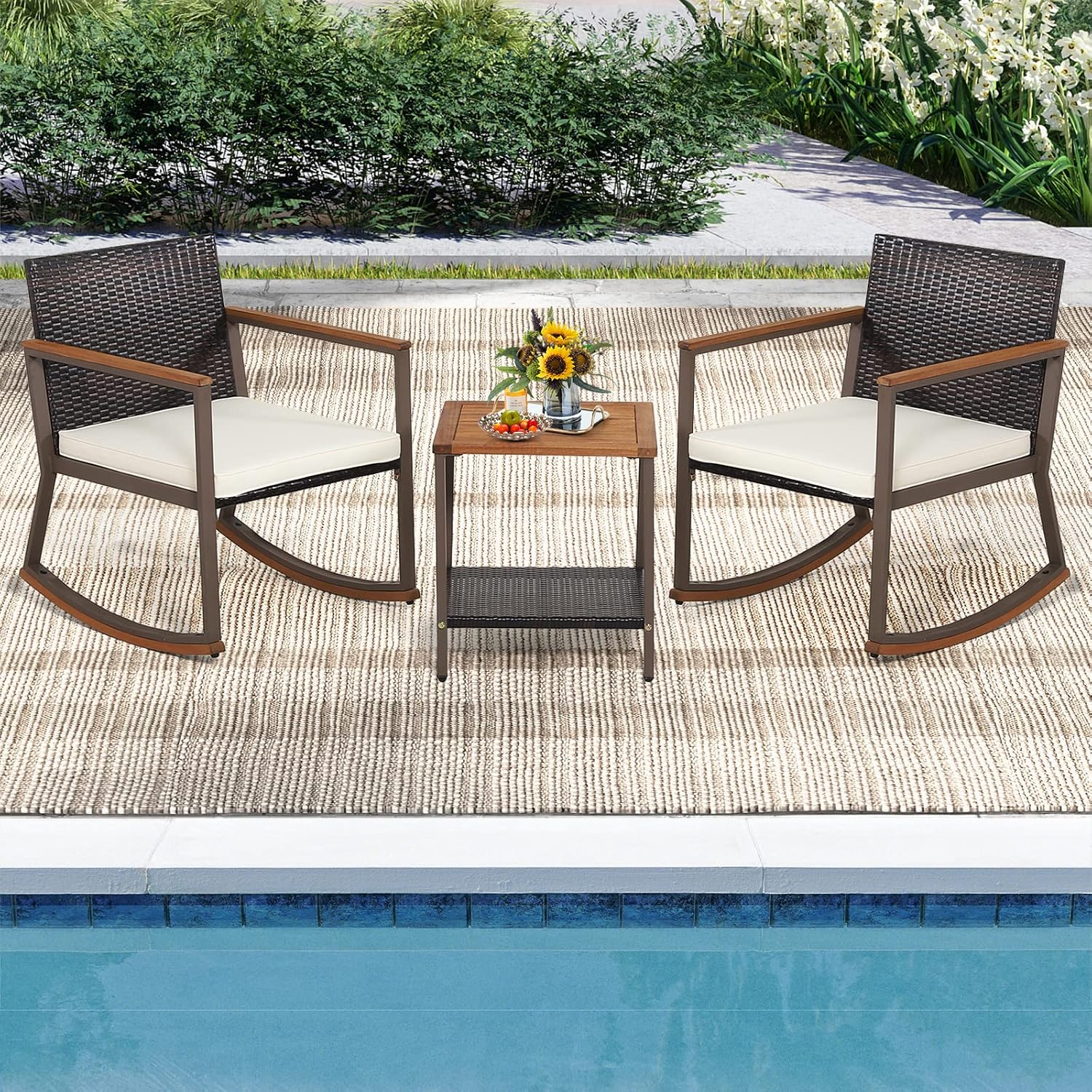 Tangkula 3 Pieces Rocking Bistro Set, Outdoor Rocker Chair with Coffee Table & Cushions, Patio Rattan Furniture Conversation Set for Balcony Porch Poolside (Off White)