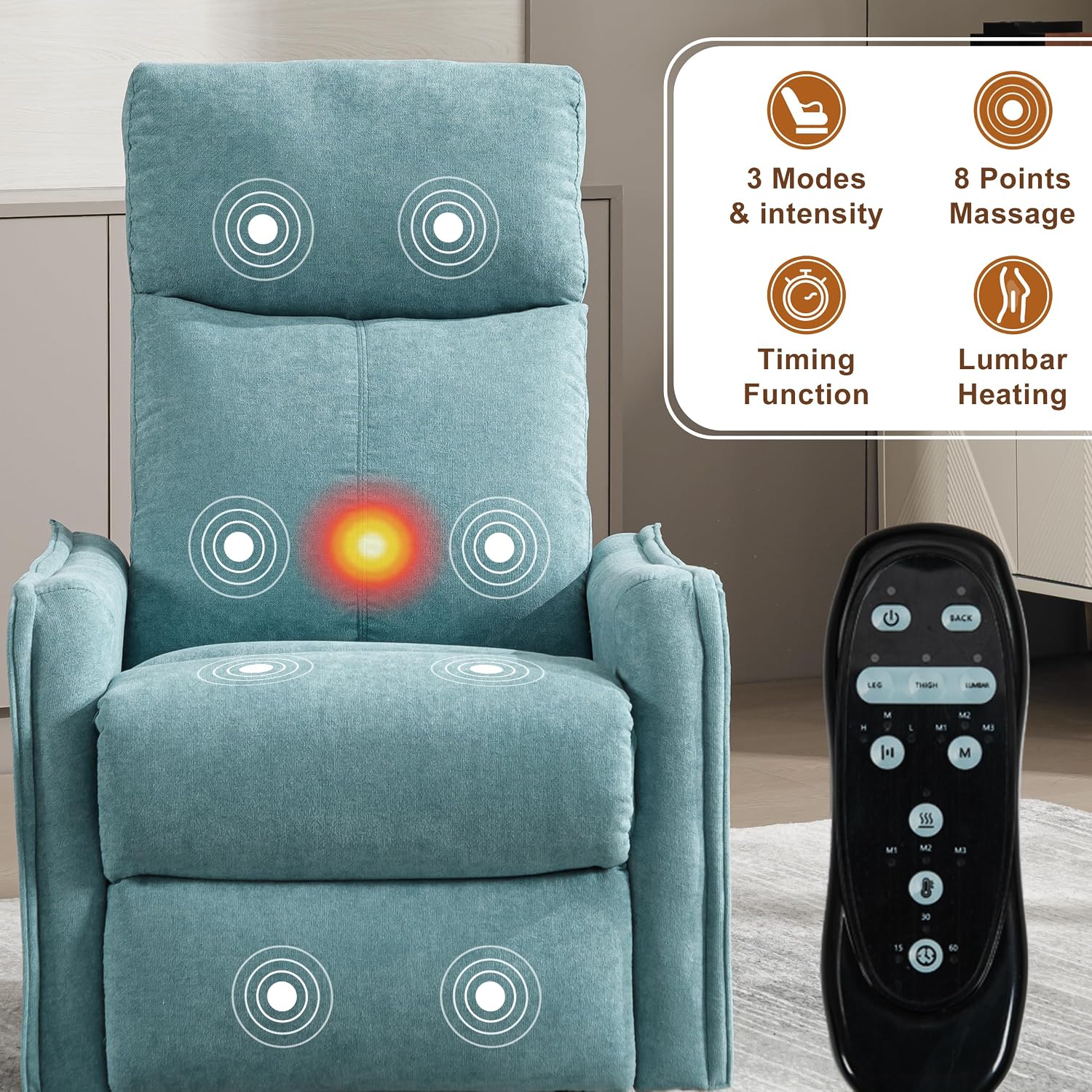 Manual 360° Swivel Rocker Recliner Chair for Adults, Overstuffed Glider Chair for Nursery with Vibration Massage & Heat, Comfy Soft Fabric Recliner Chair with Side Pockets for Living Room, Blue Green