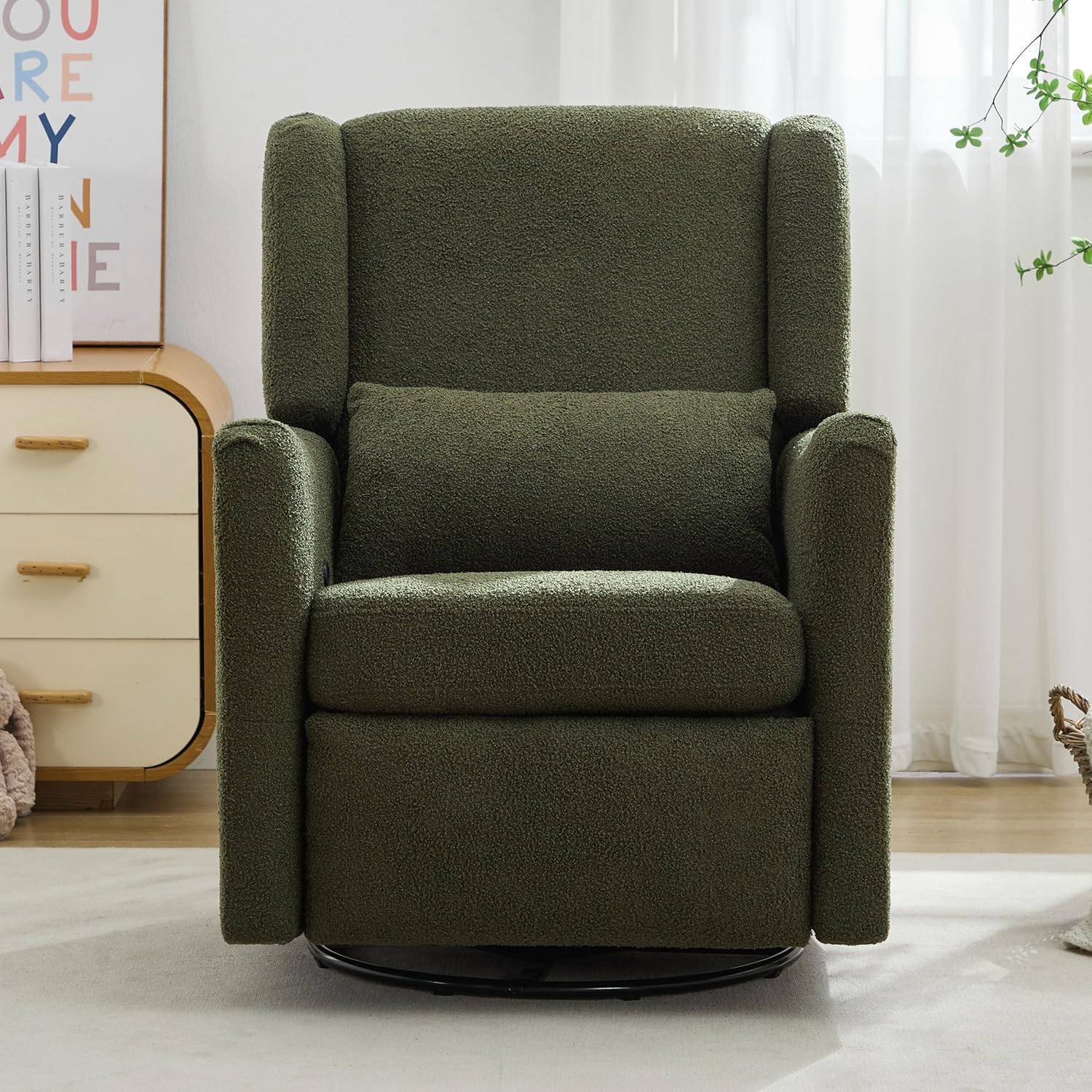JIVOIT Modern Swivel Rocker Recliner Chair, 29.5'' Wide Wingback Swivel Rocker Recliner Chair, Linen Fabric Rocking Chair Nursery Chair for Living Room, Apartment (Seaweed Green/79)
