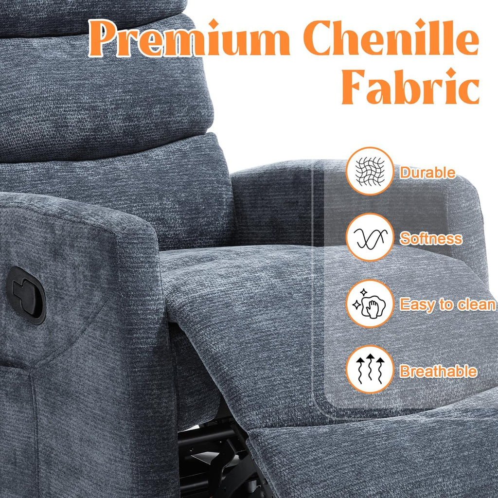 Luxlen Manual Swivel Rocker Recliner Chair with Massage, Overstuffed Recliner Glider with Vibration Massage and Heat for Nursery, Living Room Reclining Sofa Chair, Fabric Blue