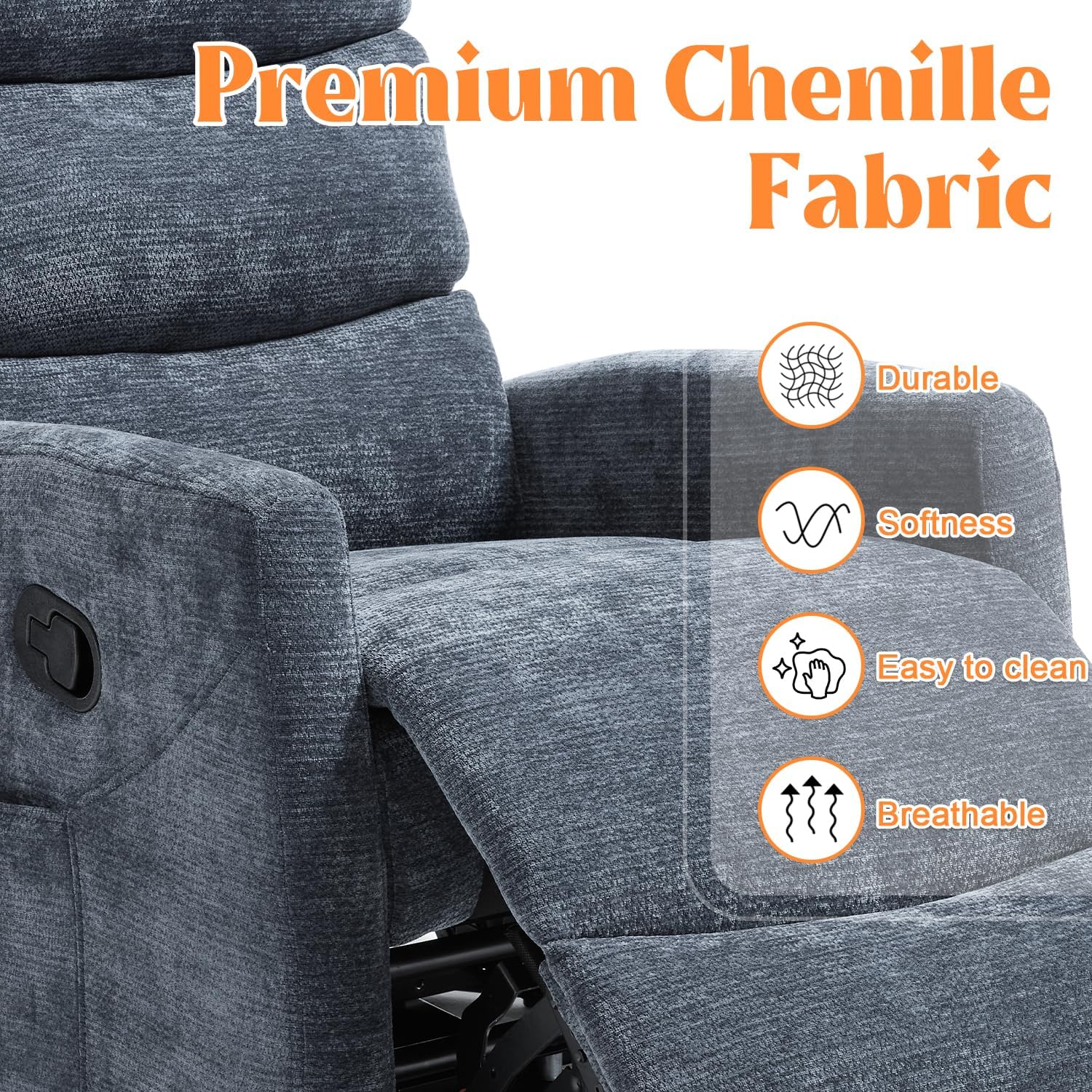 Luxlen Manual Swivel Rocker Recliner Chair with Massage, Overstuffed Recliner Glider with Vibration Massage and Heat for Nursery, Living Room Reclining Sofa Chair, Fabric Blue