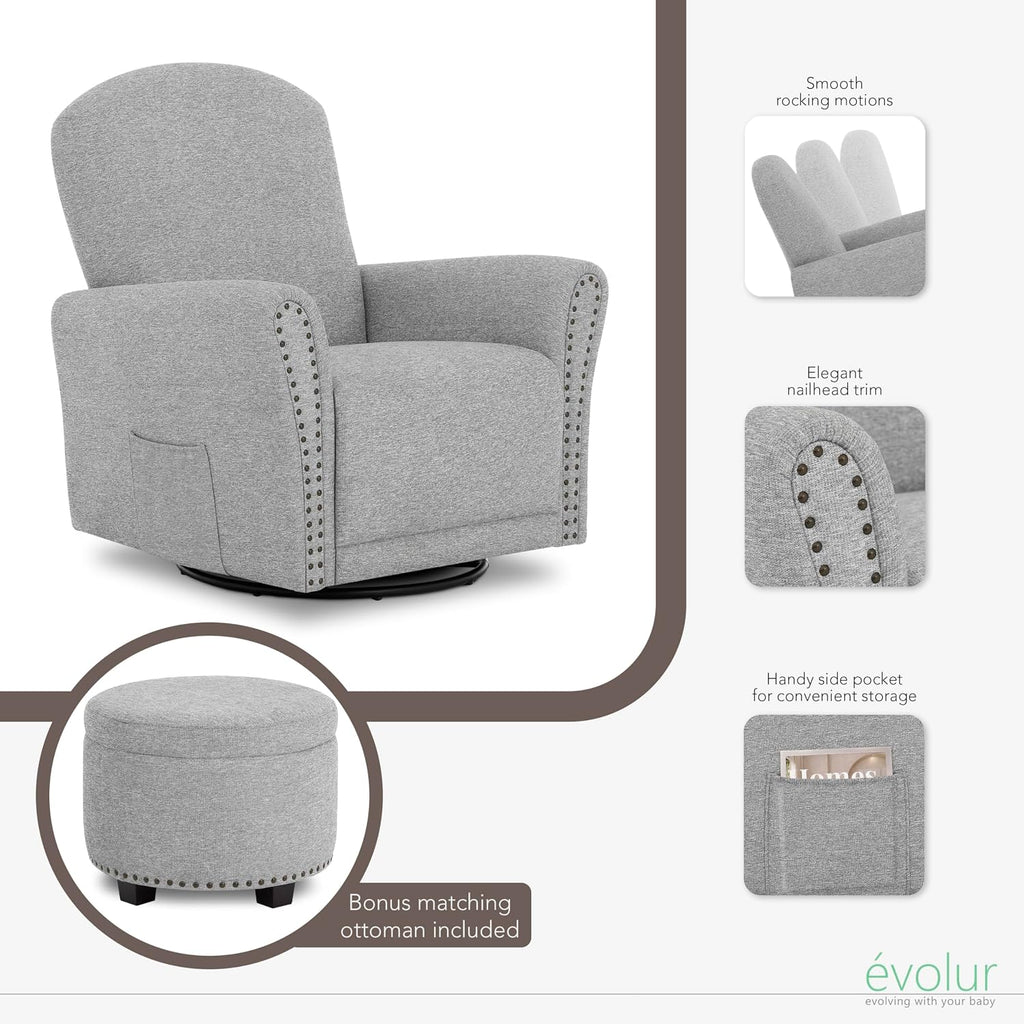 Evolur Vienna Swivel Glider with Ottoman, FSC Certified, Greenguard Gold and JPMA Certified Glider Rocking Chair, 360° Swivel Motion, Ergonomic Design Nursery Glider, Cobblestone
