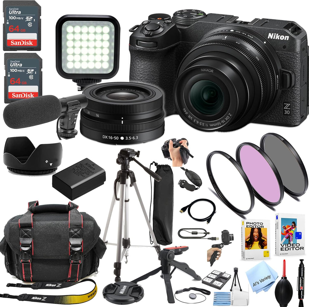 Nikon Z30 Mirrorless Digital Camera W/Nikkor Z 16-50mm Lens + 128GB Memory, LED Light, Microphone, Filters, Case, Tripod, and More (34pc Video Bundle) (Renewed)