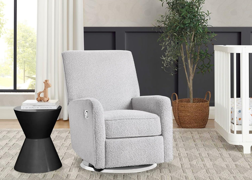 Delta Children Nest Nursery Swivel Recliner - Fabric is GREENGUARD Gold Certified and Oeko-TEX Standard 100 - Upholstered in a Unique Chenille Yarn for Blanket Like Softness, Fog