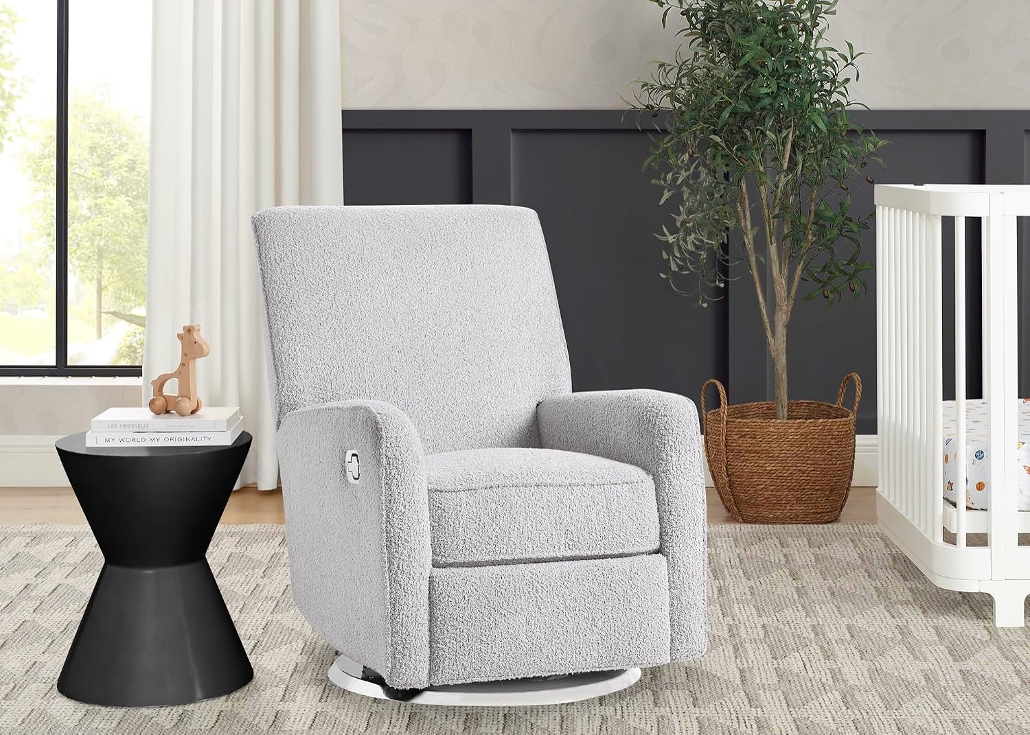 Delta Children Nest Nursery Swivel Recliner - Fabric is GREENGUARD Gold Certified and Oeko-TEX Standard 100 - Upholstered in a Unique Chenille Yarn for Blanket Like Softness, Fog