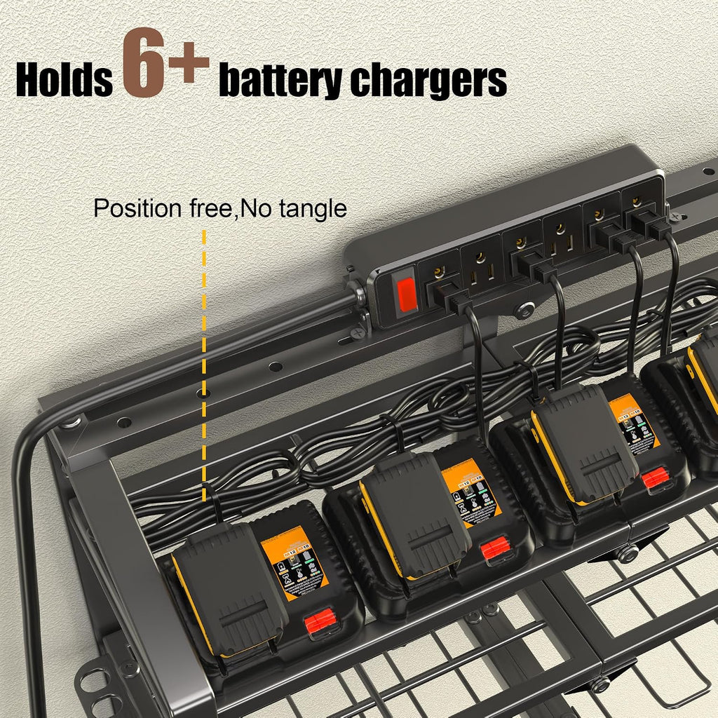 Spampur Power Tool Organizer Wall Mount with Charging Station, 3 Layers Storage Rack with 8 Cordless Drill Hangers, Tool Battery Holder Built in 6 Outlet Power Strip, Utility Racks for Garage Workshop