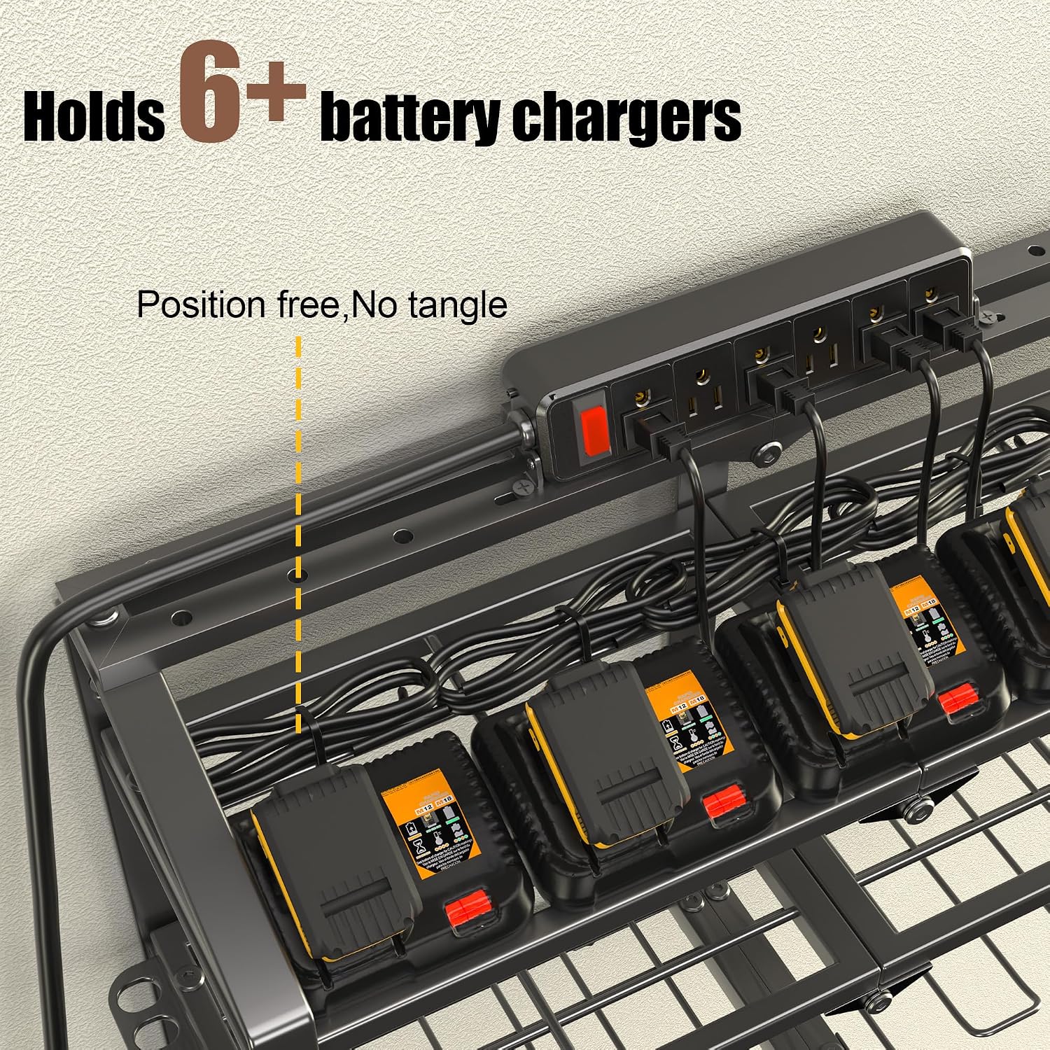 Spampur Power Tool Organizer Wall Mount with Charging Station, 3 Layers Storage Rack with 8 Cordless Drill Hangers, Tool Battery Holder Built in 6 Outlet Power Strip, Utility Racks for Garage Workshop