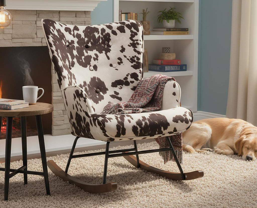 EALSON Nursery Rocking Chair Fabric Upholstered Rocker Chair Tufted Wingback Accent Chair with Wooden Base Modern Comfy Lounge Armchair for Bedroom Living Room, Cow