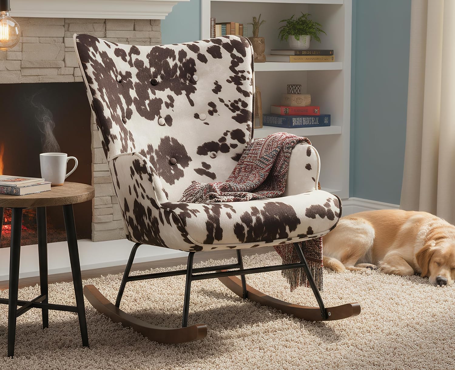 EALSON Nursery Rocking Chair Fabric Upholstered Rocker Chair Tufted Wingback Accent Chair with Wooden Base Modern Comfy Lounge Armchair for Bedroom Living Room, Cow