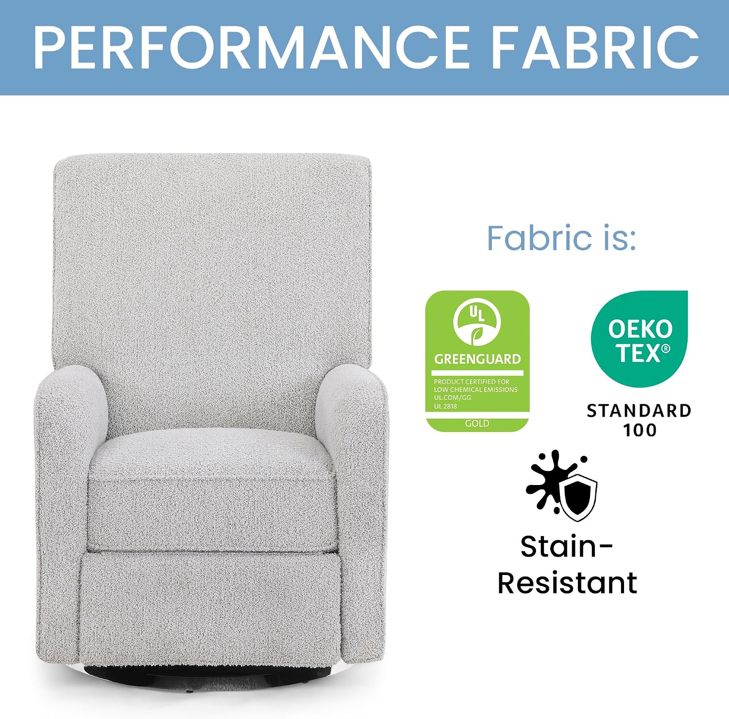 Delta Children Nest Nursery Swivel Recliner - Fabric is GREENGUARD Gold Certified and Oeko-TEX Standard 100 - Upholstered in a Unique Chenille Yarn for Blanket Like Softness, Fog