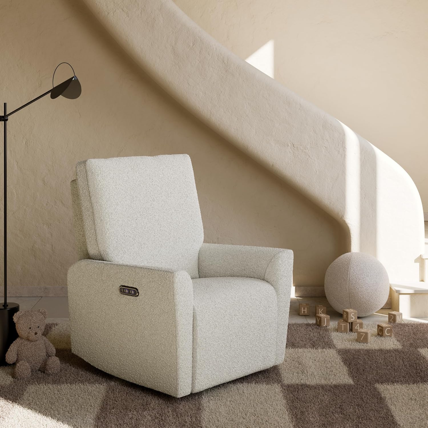Storkcraft Santorini Deluxe Power Recliner Swivel Glider (Ivory Boucle) – Premium Electronic Power Recliner for Nursery, Includes Dual-USB Charging Port for USB-A & USB-C, Glider Rocking Chair
