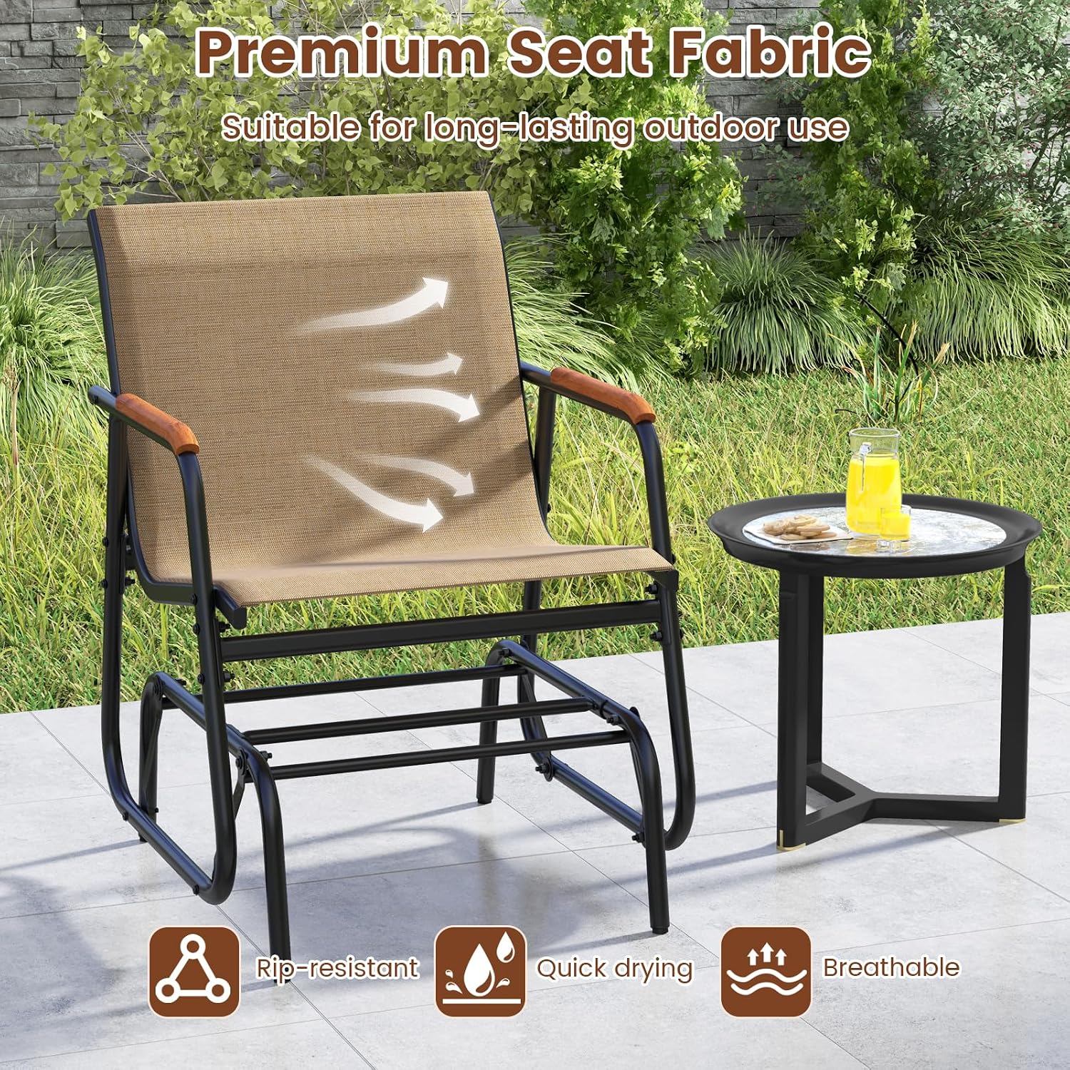 Tangkula Patio Glider Chair, Swing Gliding Armchair w/Curved Teak Armrests & Breathable Fabric Seat, Outdoor Metal Frame Rocking Chair Set for Porch, Backyard, Poolside (2 Pack)