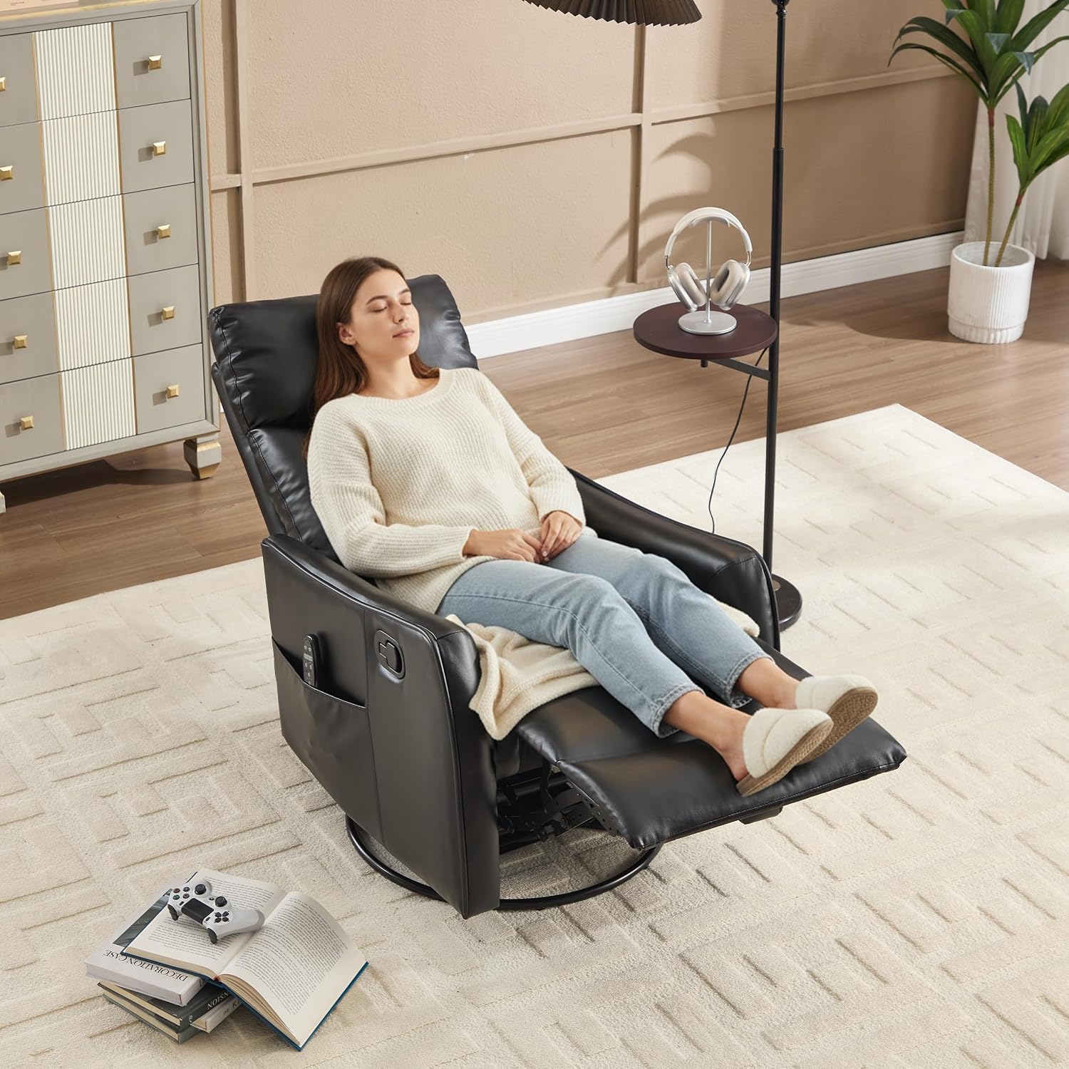 PELUMY 360 Swivel Rocking Recliner Chair for Adults, Nursery Rocking Chair with Heat and Massage, Glider Reclining Chair for Small Space, Living Room, Bedroom, Black, Multiple Line Backrest, Fabric