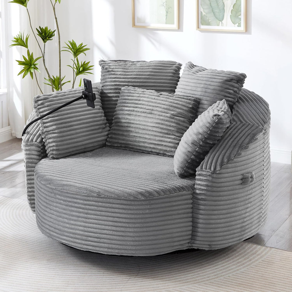 JIVOIT 360° Swivel Accent Chair with 5 Throw Pillows, Adjustable Phone Holder, Corduroy Fabric Round Sofa Chair Barrel Chair with Semi-Wraparound Design for Living Room, Office and Hotel (Gray,1)