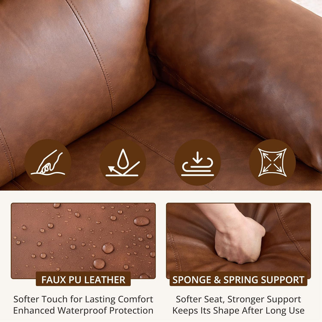 360° Swivel Rocking Leather Recliner Chair for Adults, Overstuffed Manual Recliner with Spring Cushion, Glider Rocking Nursery Single Sofa with Side Pockets for Living Room, Camel