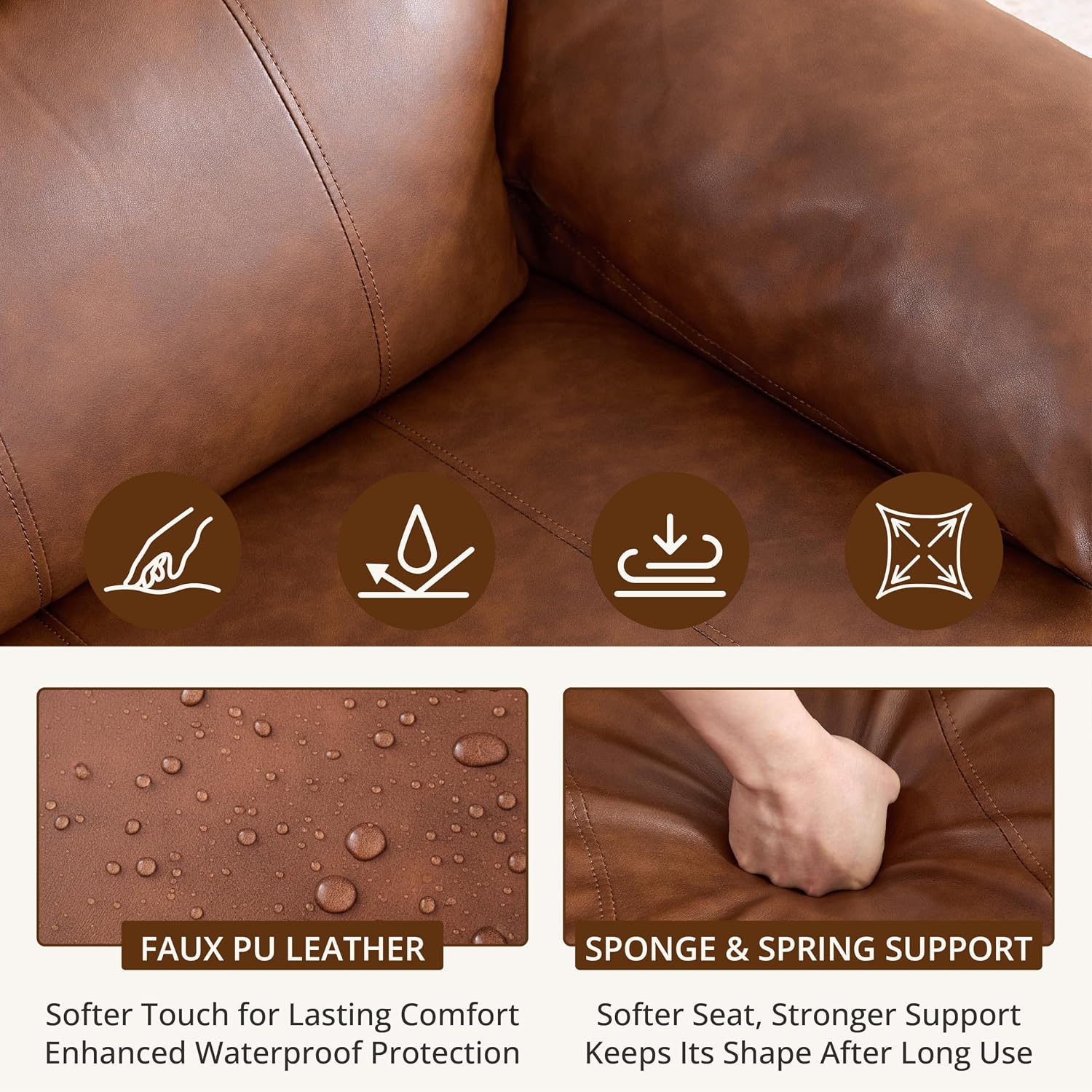 360° Swivel Rocking Leather Recliner Chair Set of 2, Overstuffed Manual Recliner with Spring Cushion, Glider Rocking Nursery Single Sofa with Side Pockets for Living Room, Camel