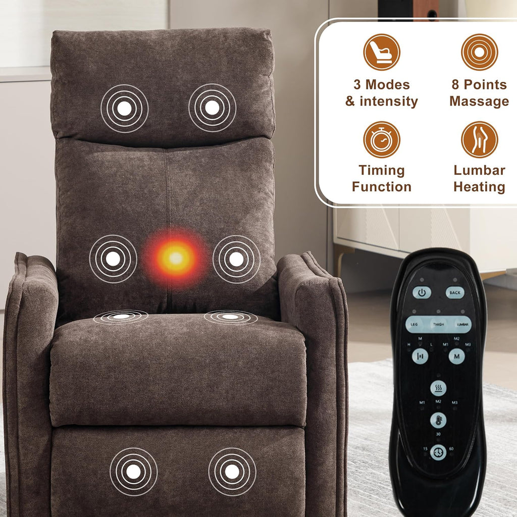 Manual 360° Swivel Rocker Recliner Chair for Adults, Overstuffed Glider Chair for Nursery with Vibration Massage & Heat, Comfy Soft Fabric Recliner Chair with Side Pockets for Living Room, Brown