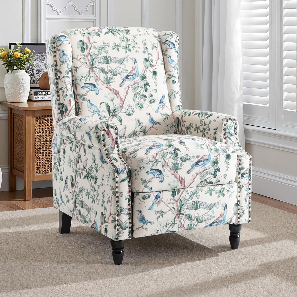 Wingback Recliner Chair, Comfy Fabric Pushback Recliner Chair, Upholstered Armchair Push Back Recliner, Rivet Trim Single Sofa Accent Chair with Wood Legs for Living Room, Bird