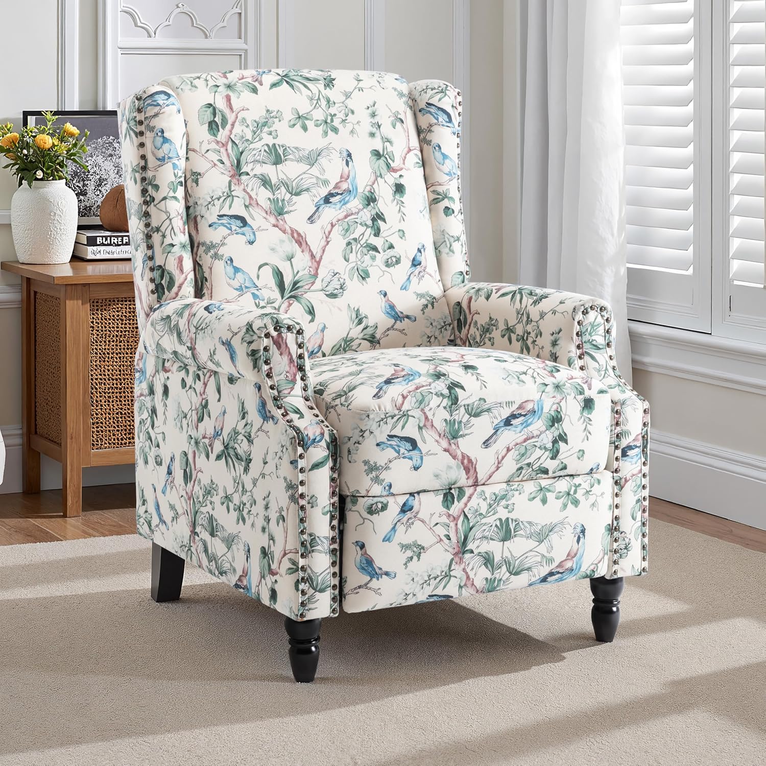 Wingback Recliner Chair, Comfy Fabric Pushback Recliner Chair, Upholstered Armchair Push Back Recliner, Rivet Trim Single Sofa Accent Chair with Wood Legs for Living Room, Bird