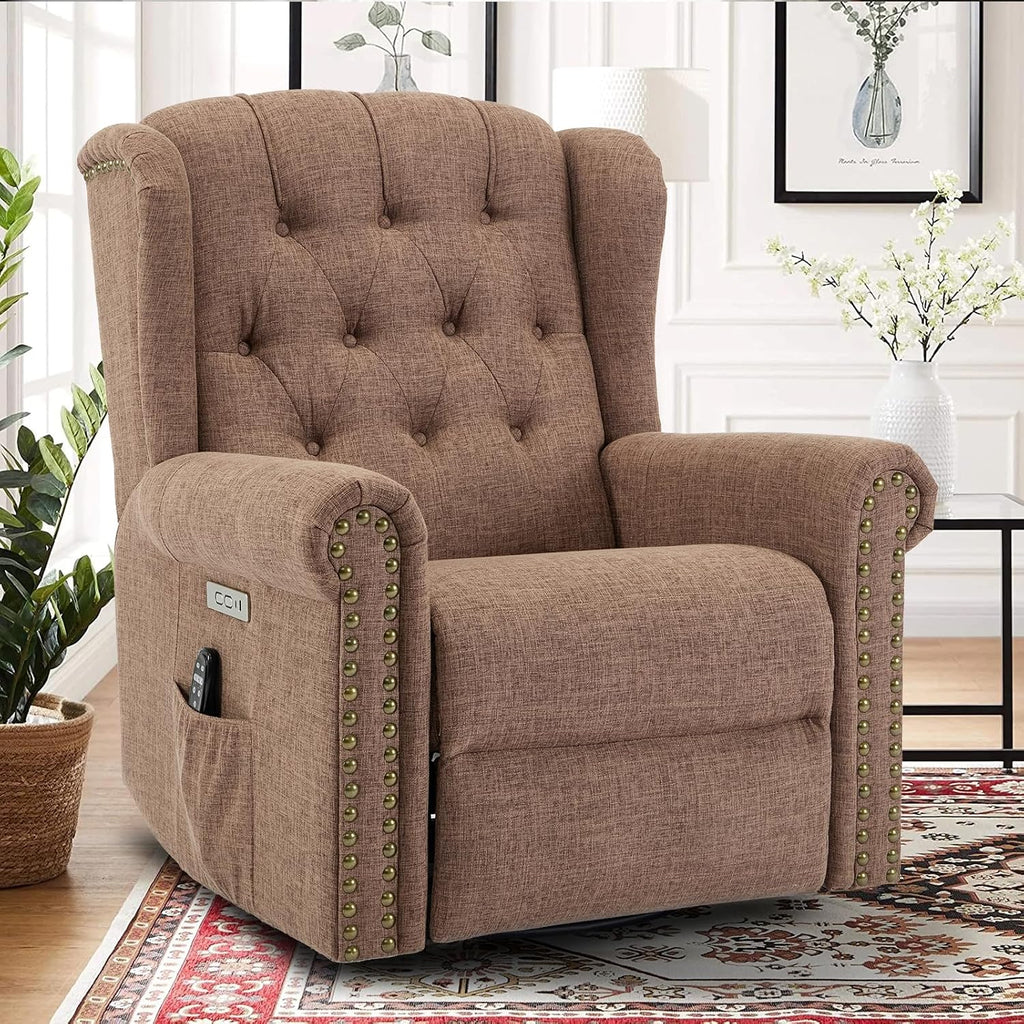 Power Swivel Rocking Glider Recliner Chair with Massage and Heat, Electric Nursery Glider Rocker for Living Room, Wingback Tufted Upholstered Recliner Chair with Type-C & USB Ports, Brown