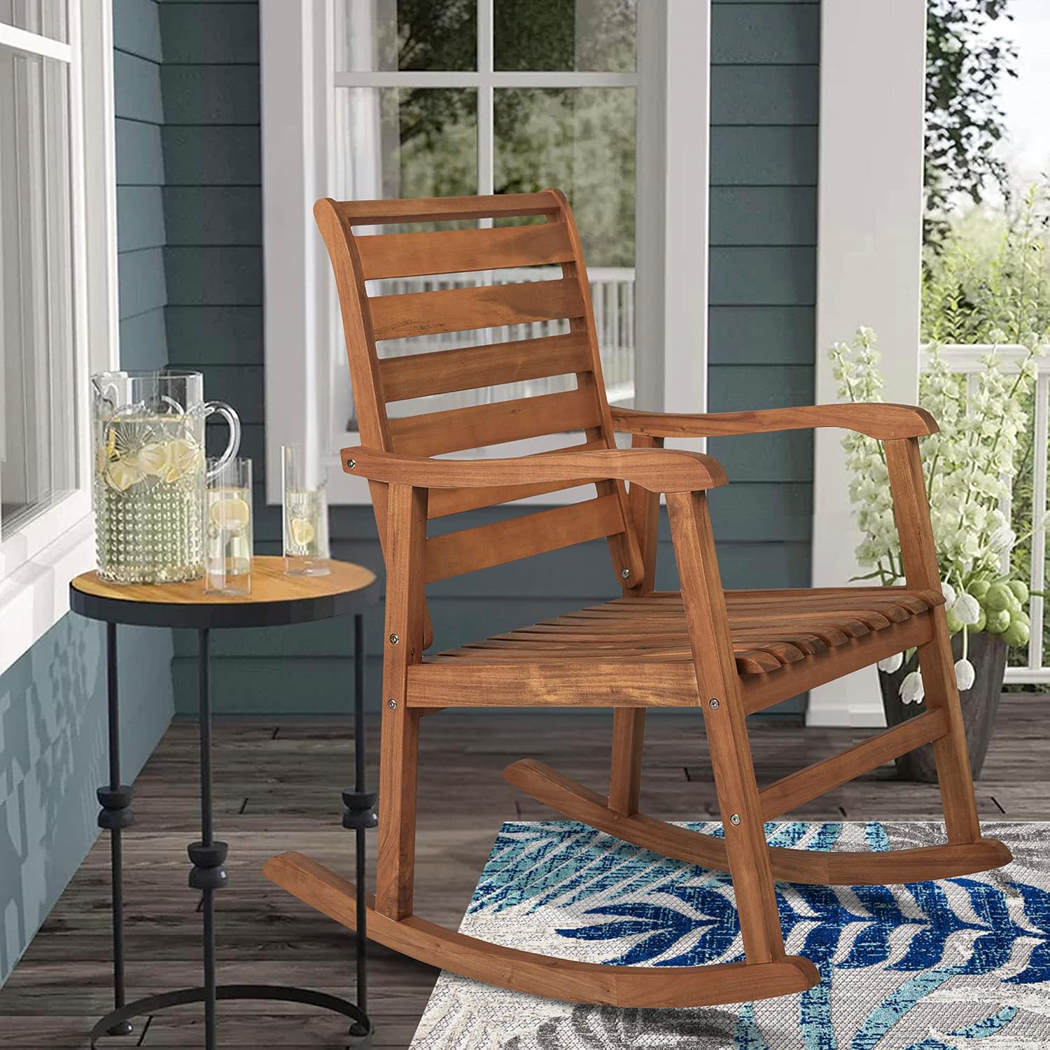 JONATHAN Y RCK101A Carey Modern Slat-Back 300-Lbs Support Acacia Wood Patio Outdoor Rocking Chair for Garden, Lawn, Backyard, Pool, Deck, Beach, Firepit, Teak