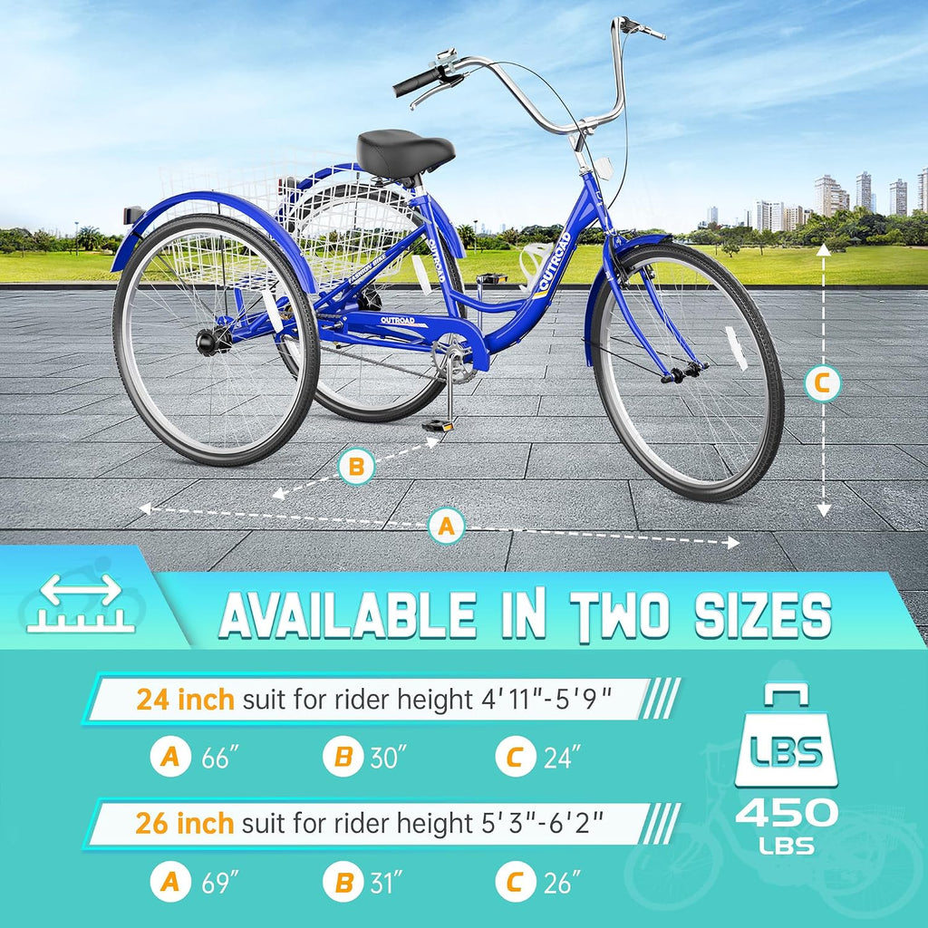 Outroad Adult Tricycle, 24/26 inch 1 Speed Cruiser Trike, 3 Wheel Bikes with Large Basket for Seniors, Women, Men, Adult Trikes for Shopping Picnic Outdoor Sports,Red Blue