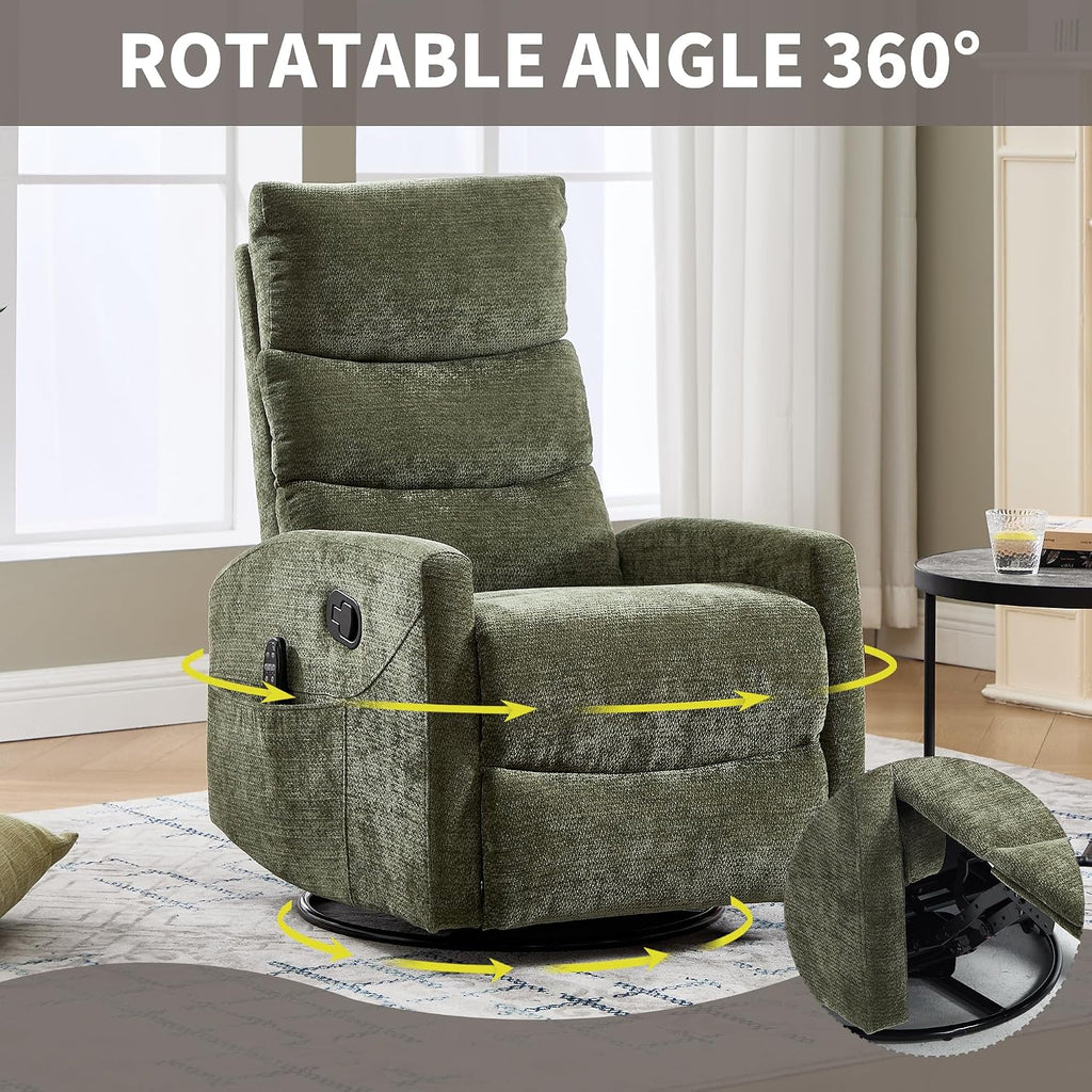 PELUMY 360° Swivel Rocker Recliner with Heat & Vibration Massage, Glider Rocking Chair for Adults, Compact Recliner for Living Room, Small Spaces, Nursery, Bedroom (Chenille, Green)