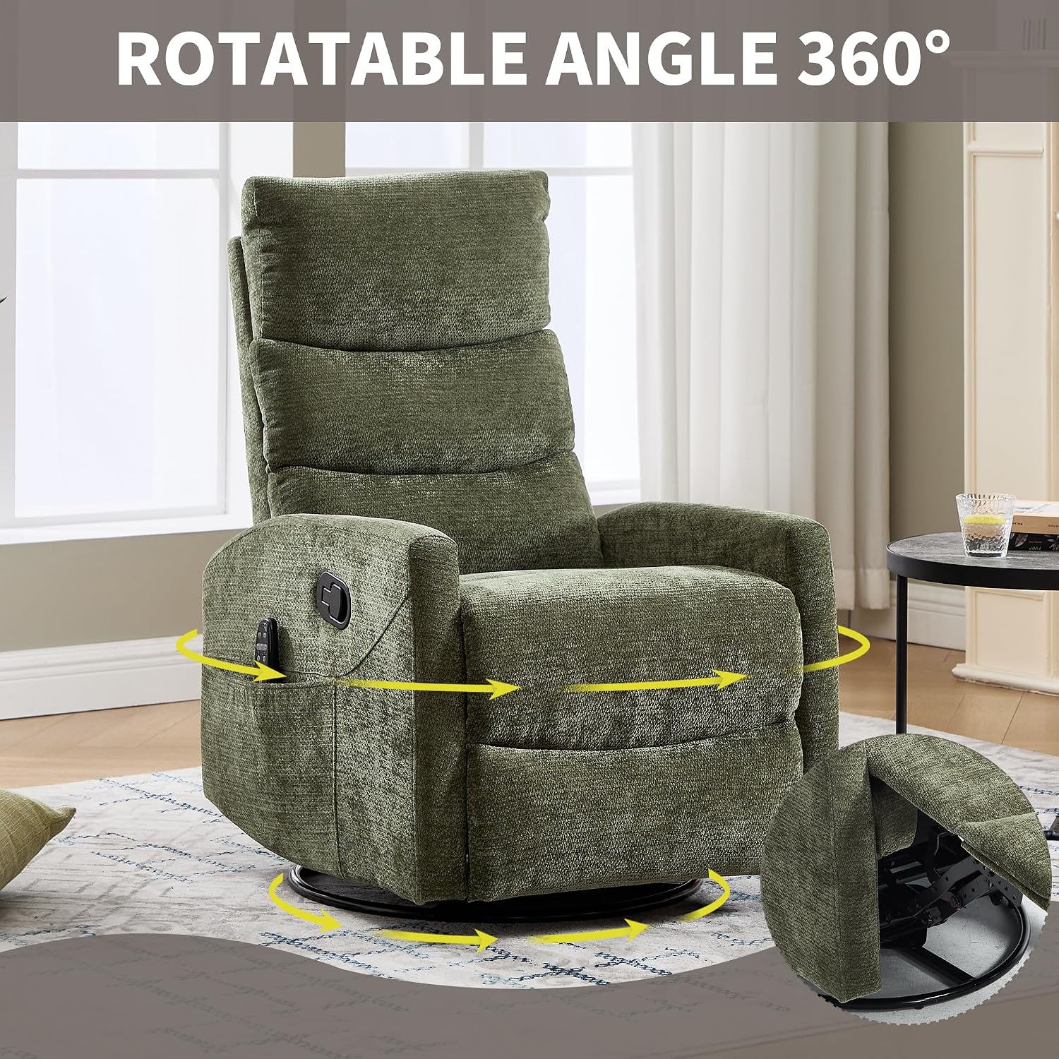 Manual Swivel Rocker Recliner Chair for Adults, Overstuffed Glider Chair for Nursing with Vibration Massage & Lumbar Heat, Living Room Rocking Recliner 3-Stage backrest, Chenille Fabric Green