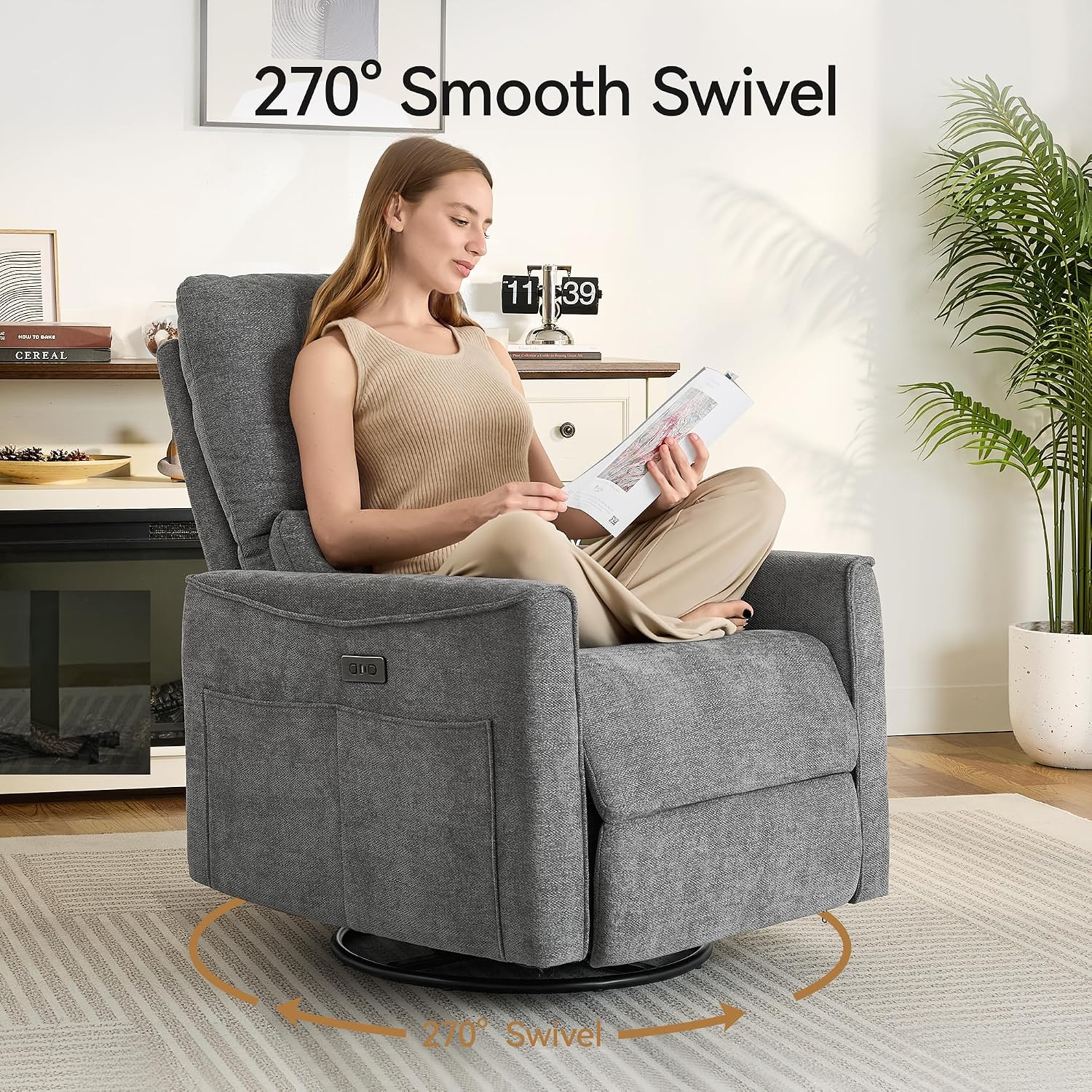 Power Swivel Rocker Recliner,Fabric Glider Recliner Nursery Chair,Small Rocking Chair,Single Reclining Sofa with Lumbar Support,USB&Type-C Ports,Living Room Home Threater Seat, Flint Grey