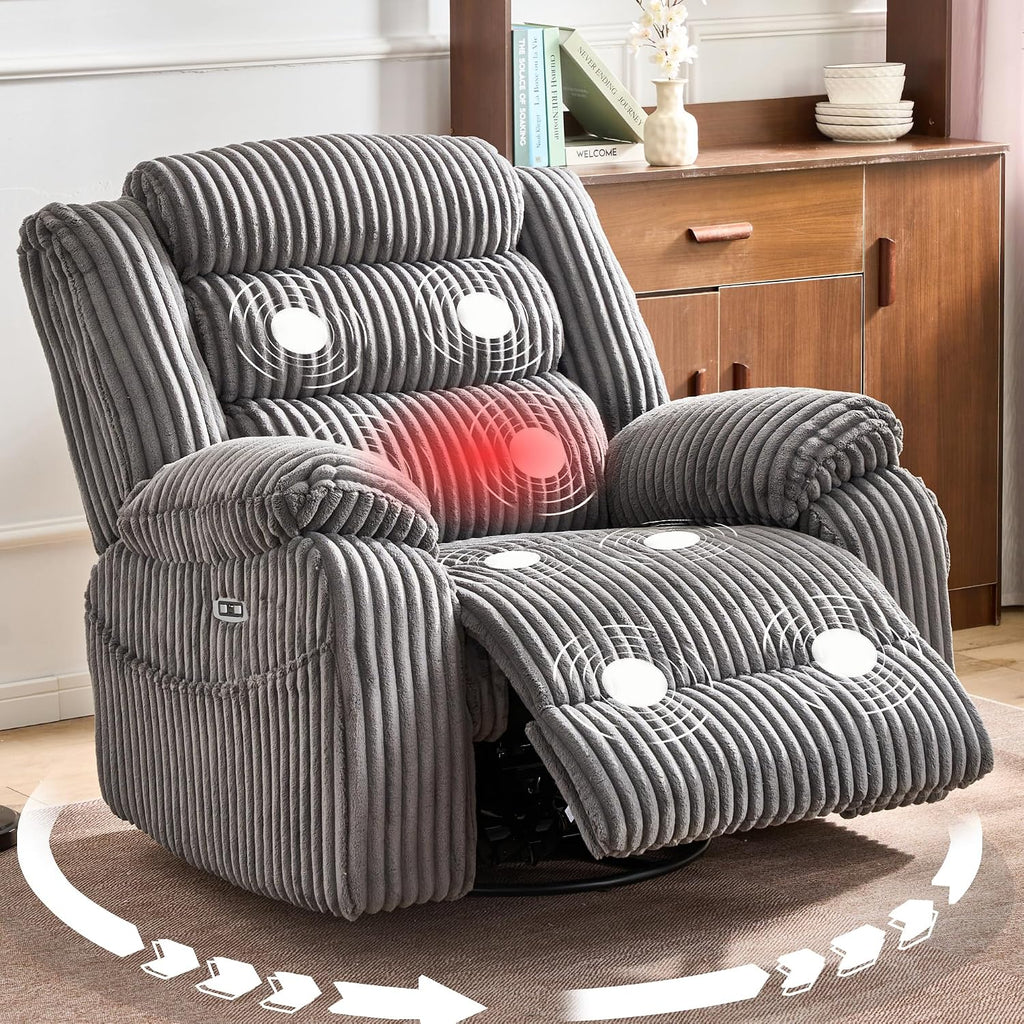JUUXO Extra Wide Power Swivel Rocking Recliner for Adults with Heat Massage, USB & Type-C Charging, Electric Glider Rocker Chair for Living Room Nursery Bedroom Office