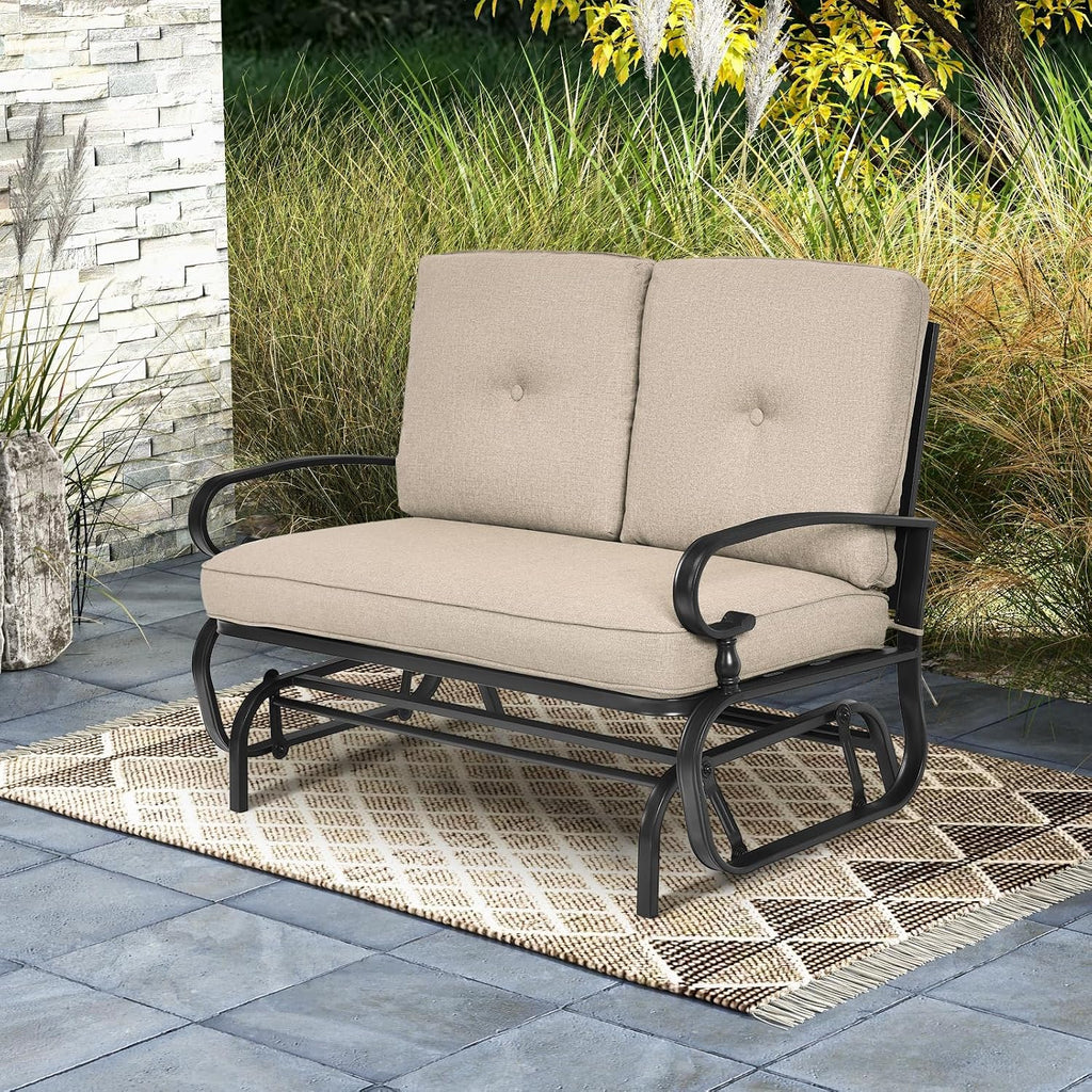 Tangkula Outdoor Swing Glider Chair, Patio Glider Bench for 2 Persons, Outdoor Rocking Loveseat with Steel Frame & Comfortable Cushions for Garden, Porch, Balcony, Poolside (Beige)