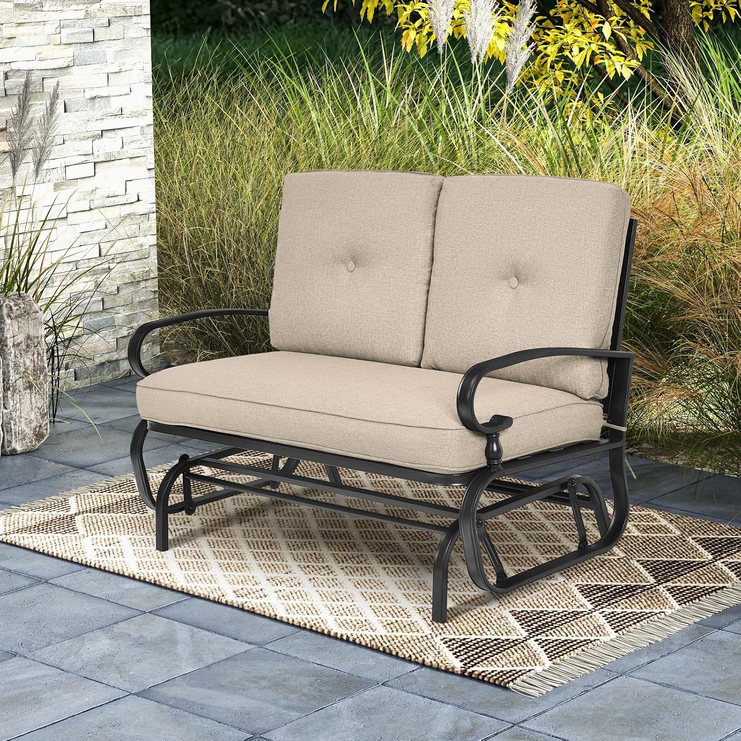 Tangkula Outdoor Swing Glider Chair, Patio Glider Bench for 2 Persons, Outdoor Rocking Loveseat with Steel Frame & Comfortable Cushions for Garden, Porch, Balcony, Poolside (Beige)