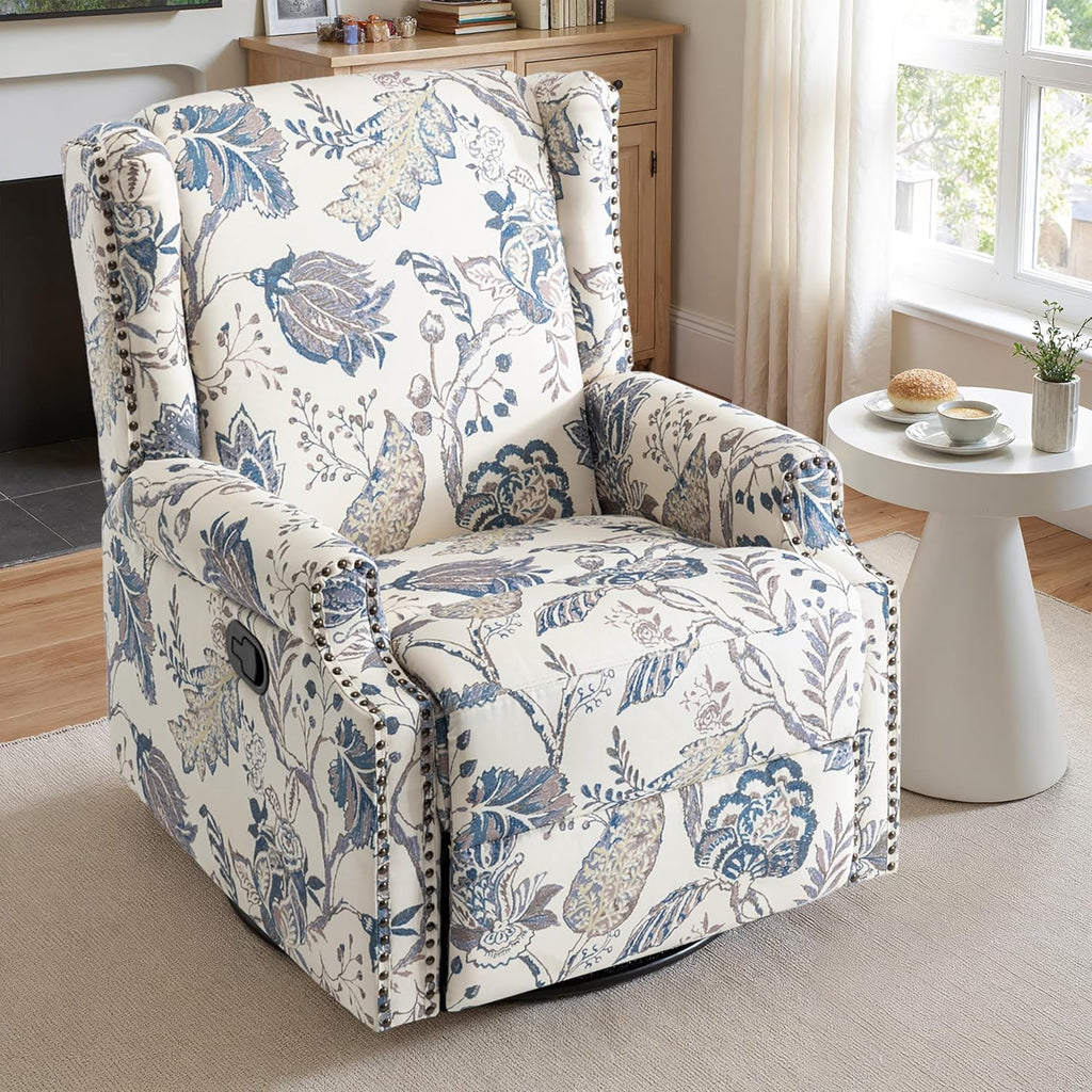 Lumibee Recliner Chair, 360° Swivel Rocker Recliner Chair with Footrest High Back, Comfy Upholstered Glider Rocking Chair for Living Room Bedroom (Plants Blue)