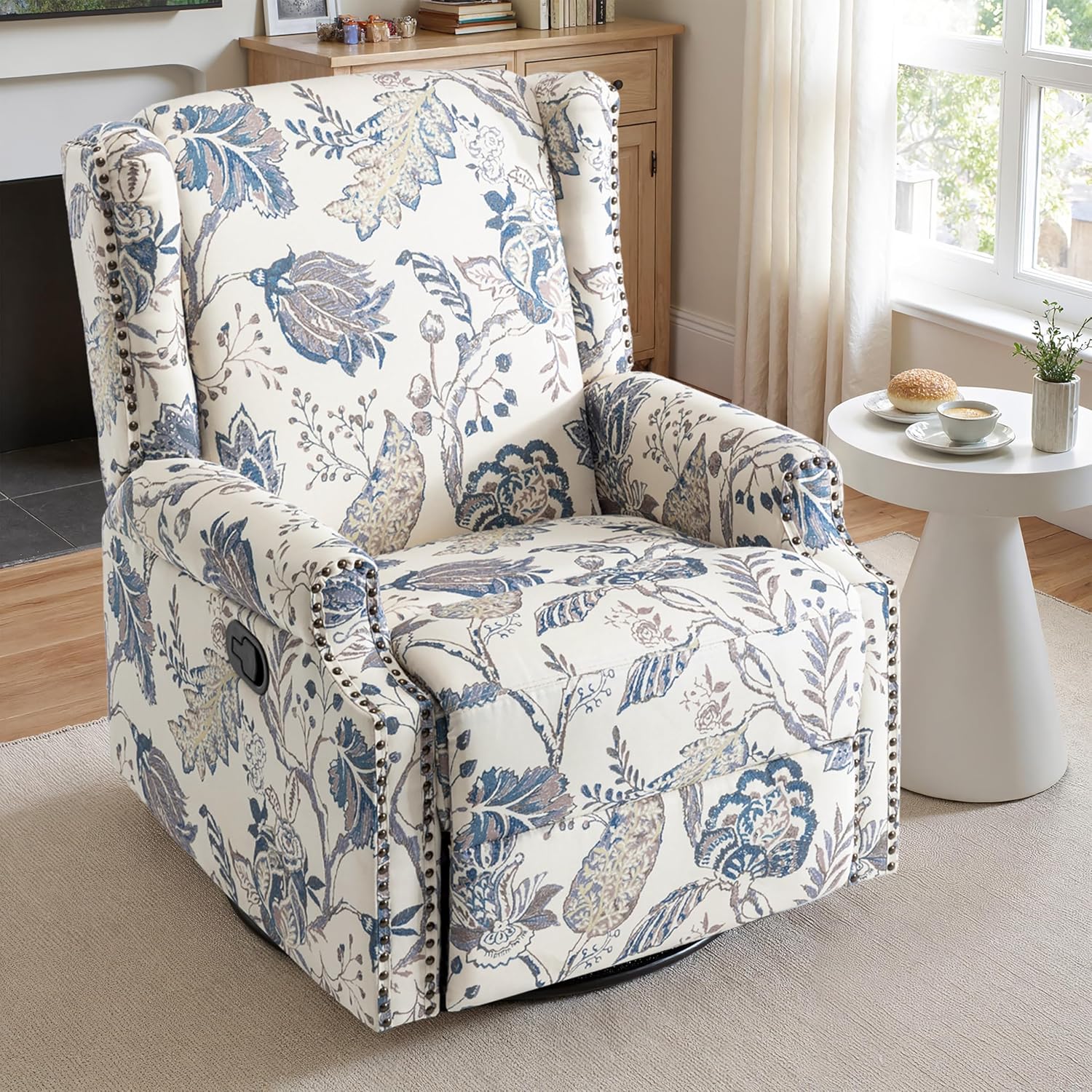 Lumibee Recliner Chair, 360° Swivel Rocker Recliner Chair with Footrest High Back, Comfy Upholstered Glider Rocking Chair for Living Room Bedroom (Plants Blue)